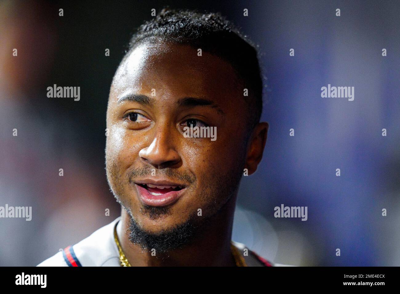 Atlanta Braves' Ozzie Albies watches his three-run home run during the  eighth inning of the team's baseball game against the Philadelphia  Phillies, Saturday, July 24, 2021, in Philadelphia. (AP Photo/Chris Szagola  Stock