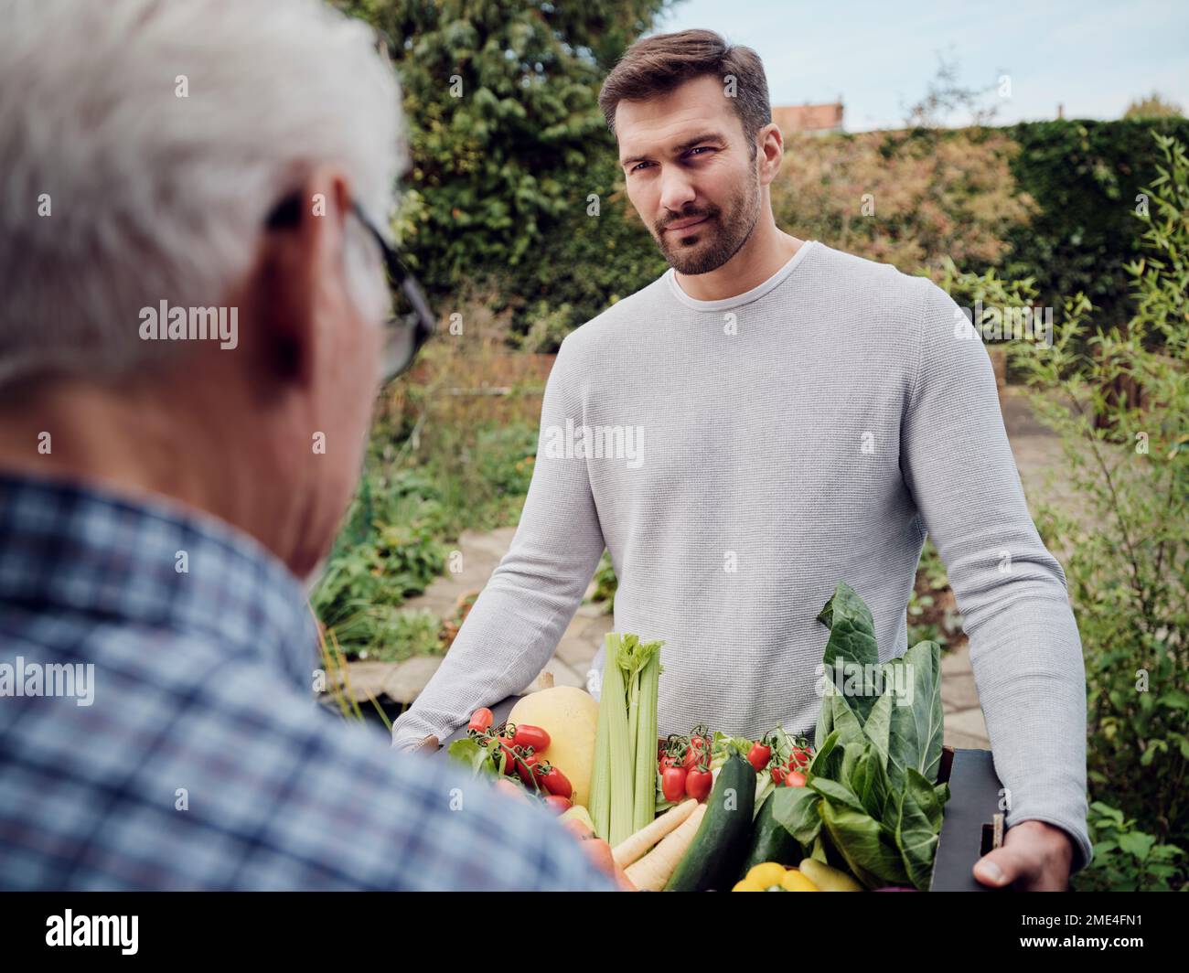 Man delivering a fresh vegetable box to senior man in garden Stock Photo