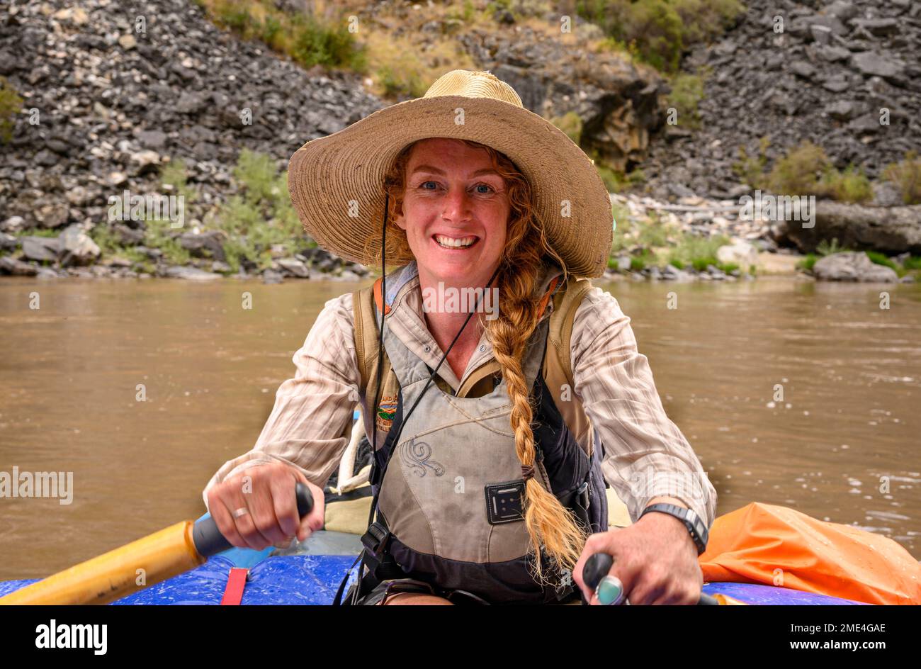 Far & Away Adventures guide Izzy on the Middle Fork Salmon River in Idaho. Stock Photo