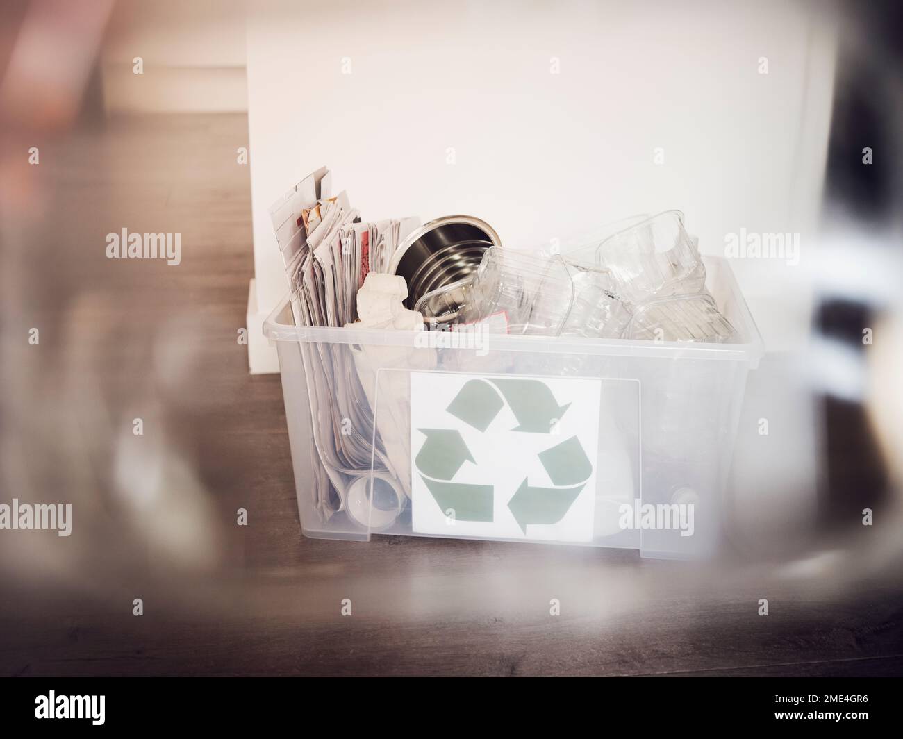 Recycling box filled with waste paper and plastic Stock Photo Alamy