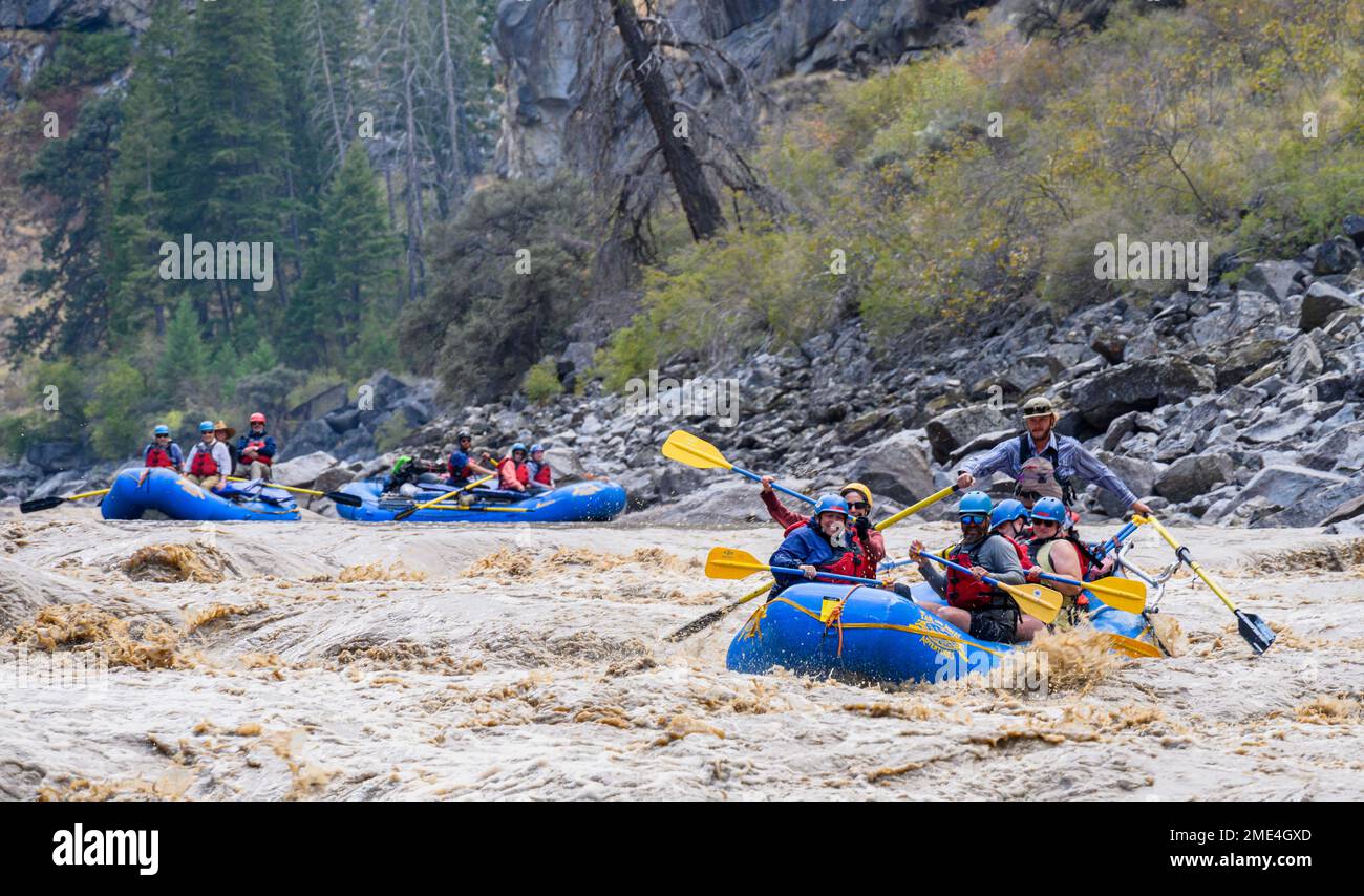 Whitewater rafting on the Middle Fork Salmon River in Idaho with Far and Away Adventures. Stock Photo