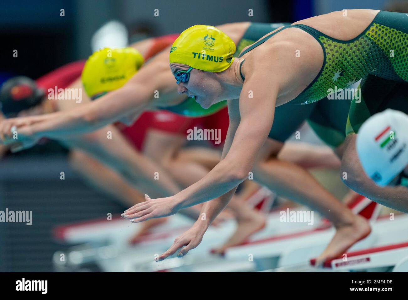 Ariarne Titmus, of Australia, starts in her heat of the women