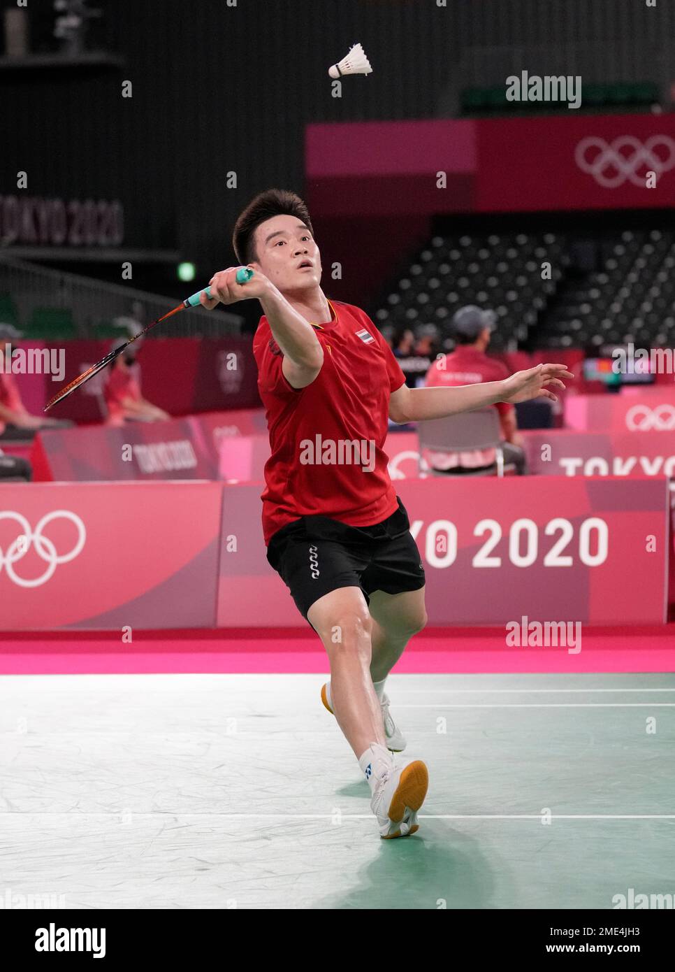 Kantaphon Wangcharoen of Thailand competes against Germanys Kai Schaefer during mens singles Badminton match at the 2020 Summer Olympics, Sunday, July 25, 2021, in Tokyo, Japan