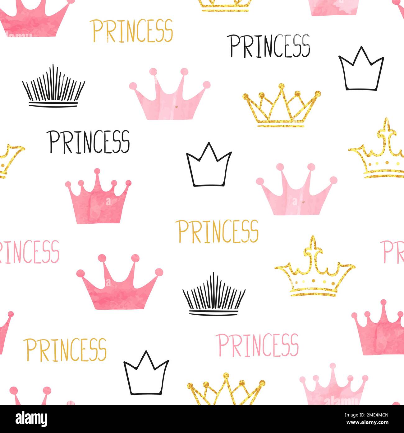 Little princess seamless pattern in pink and golden colors. Vector background with watercolor and glittering crowns Stock Vector
