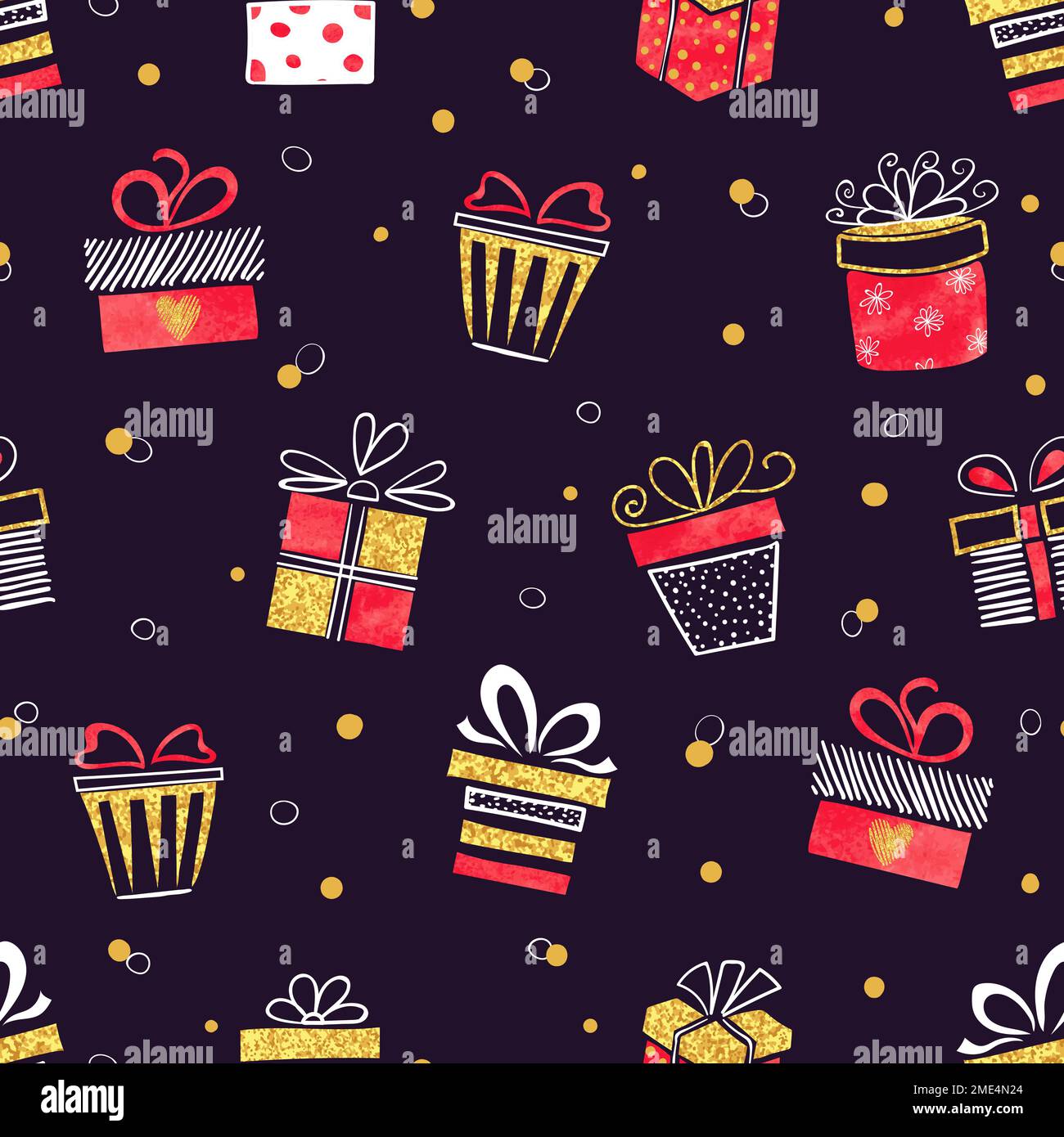 Seamless vector gift pattern, red and golden gift boxes on dark background. Stock Vector