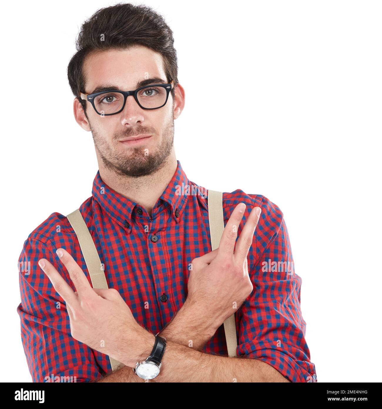 Nerd, portrait and man with sign for peace, calm and young person isolated on white studio background. Face, male hipster and gentlemen showing Stock Photo