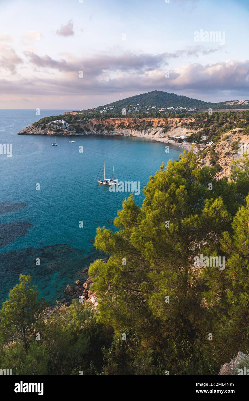 Spain, Balearic Islands, Coastline of Ibiza island at dusk Stock Photo
