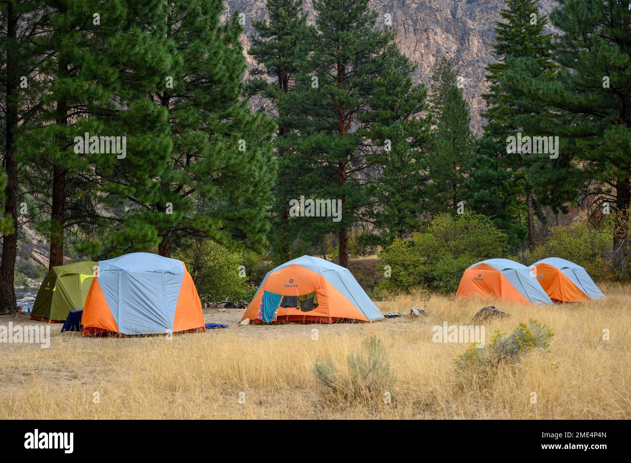 Campsite on the Middle Fork Salmon River in Idaho with Far and Away Adventures. Stock Photo