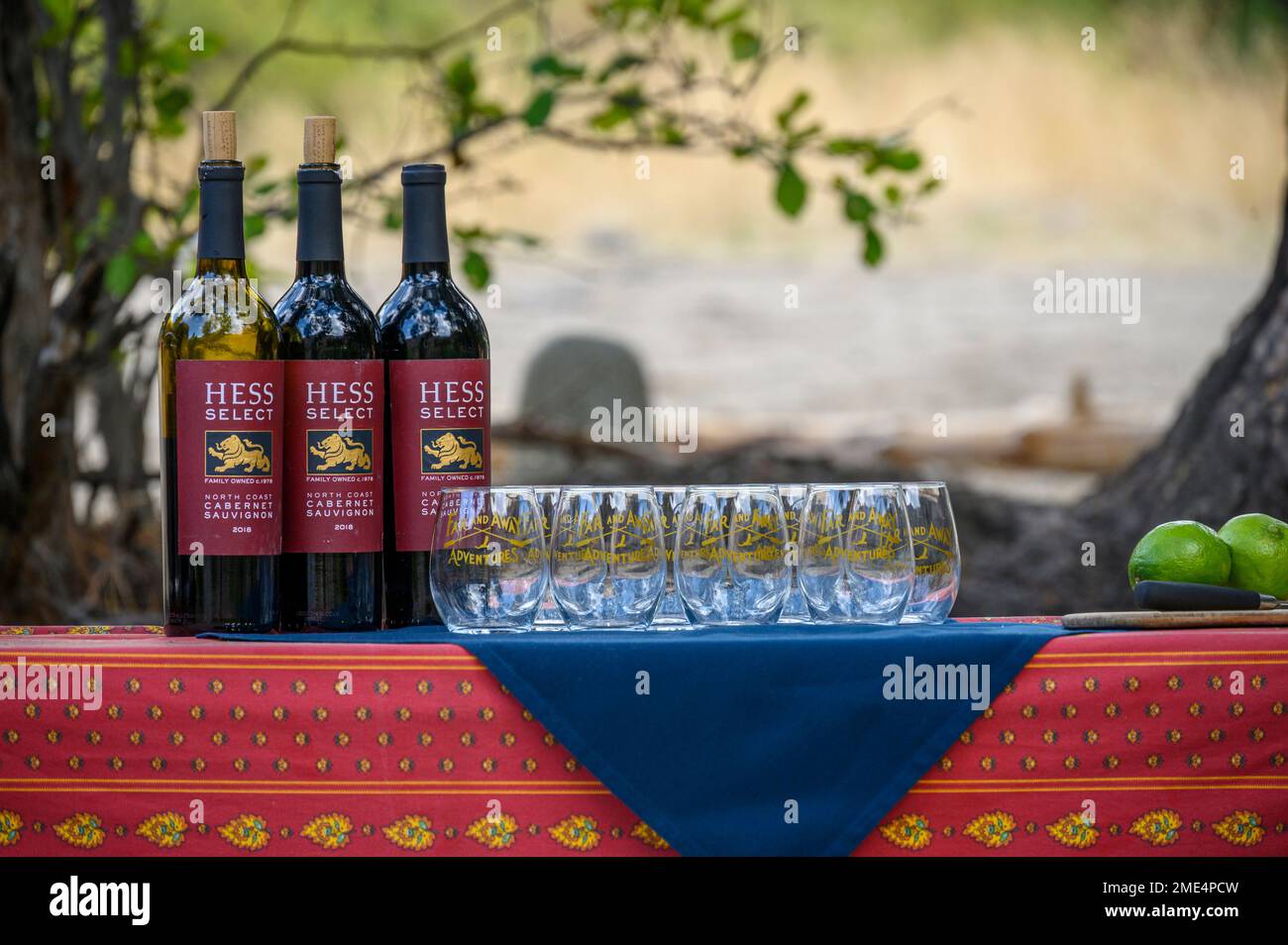 Wine bar on the Middle Fork Salmon River in Idaho with Far and Away Adventures. Stock Photo