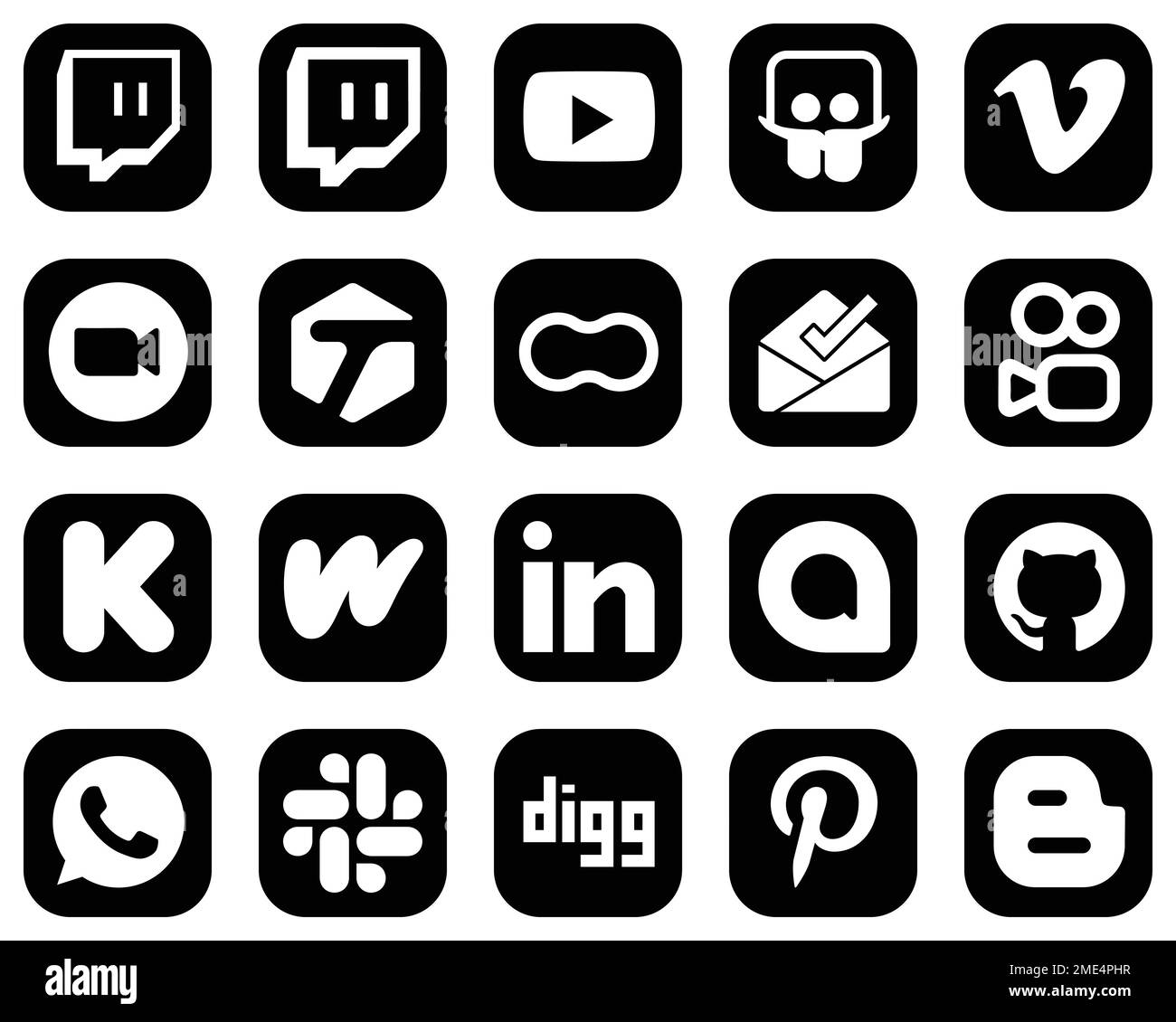 20 Professional White Social Media Icons on Black Background such as