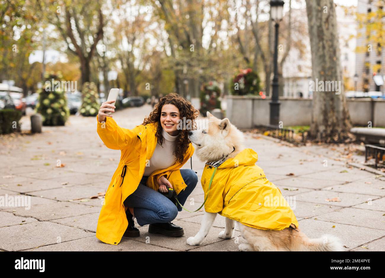 Happy young woman taking selfie with dog through smart phone at ...