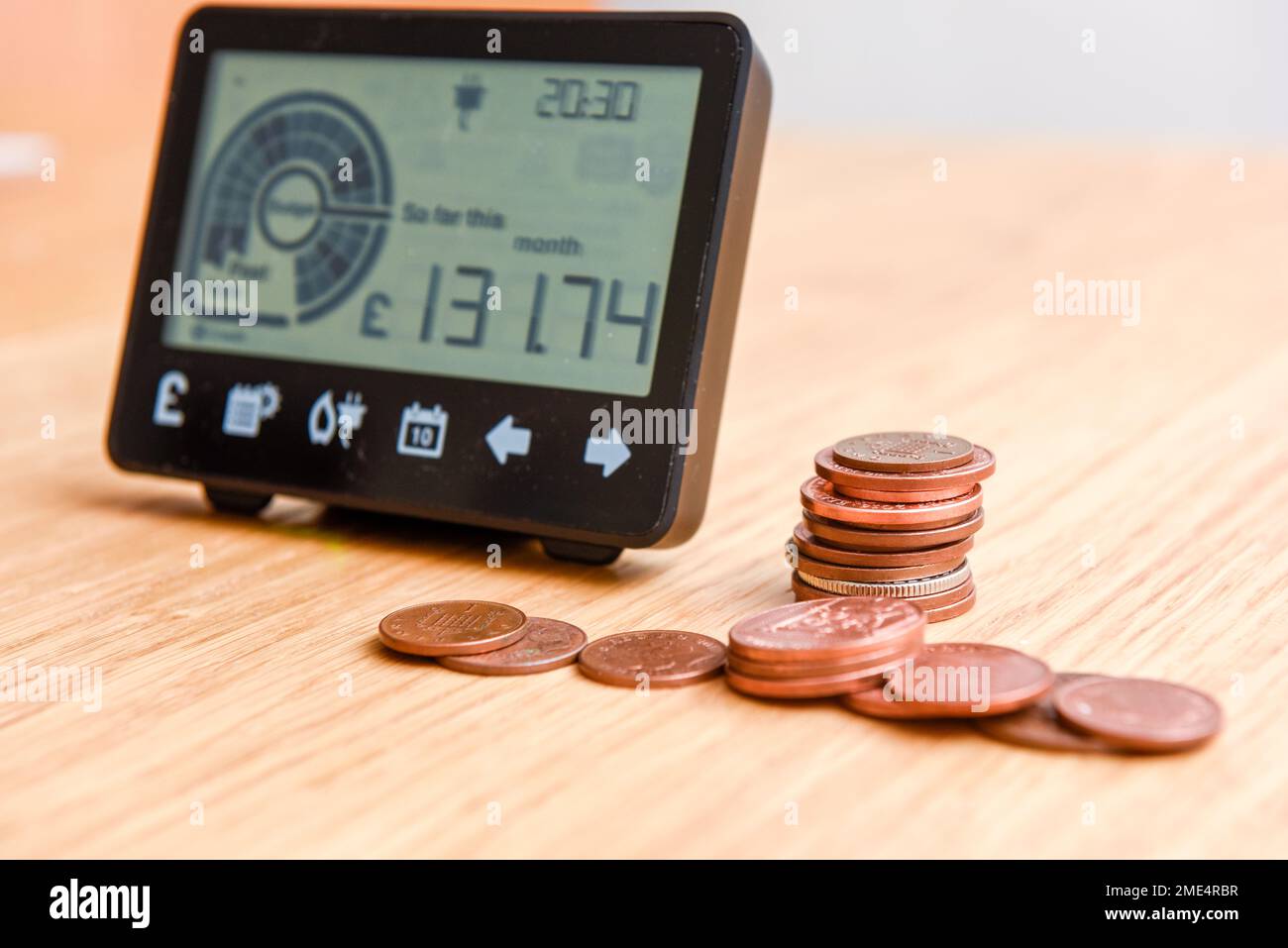 Smart meter and coins to represent cost of fuel and electricity for