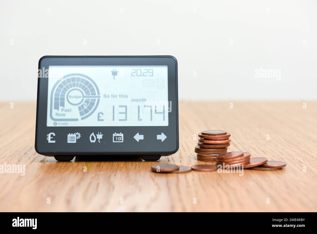 Smart meter and coins to represent cost of fuel and electricity for