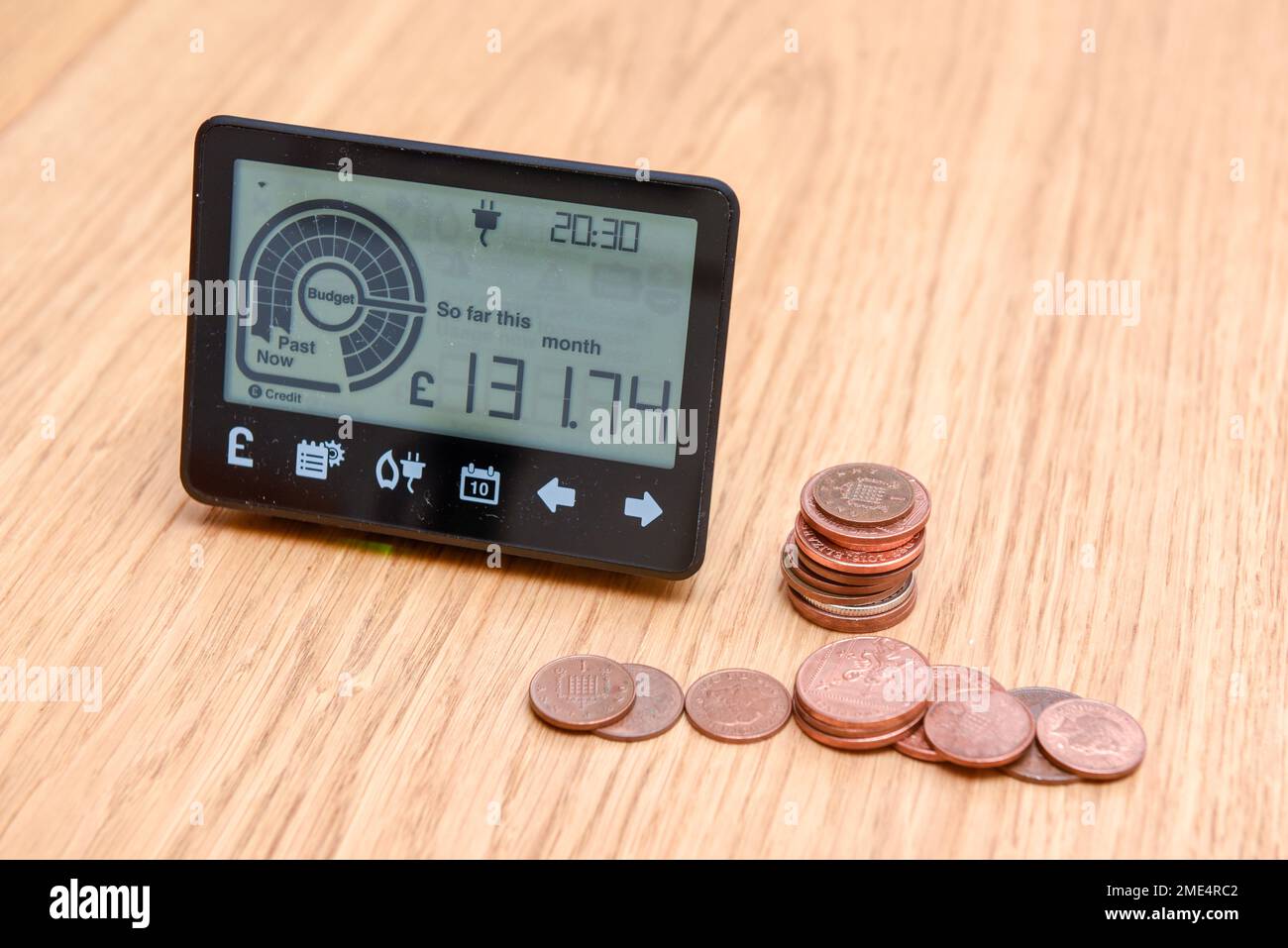 Smart meter and coins to represent cost of fuel and electricity for