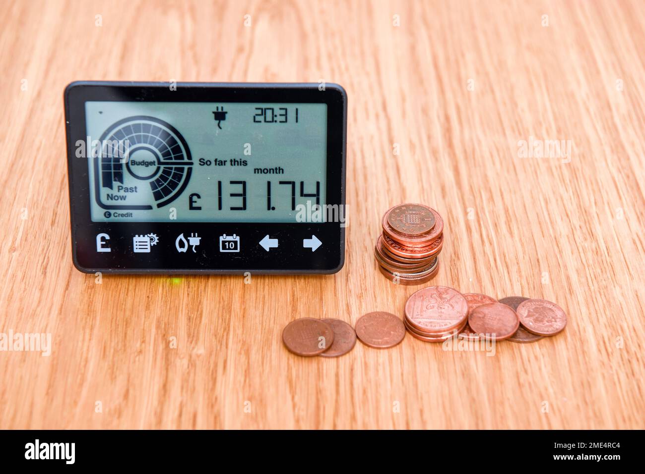 Smart meter and coins to represent cost of fuel and electricity for