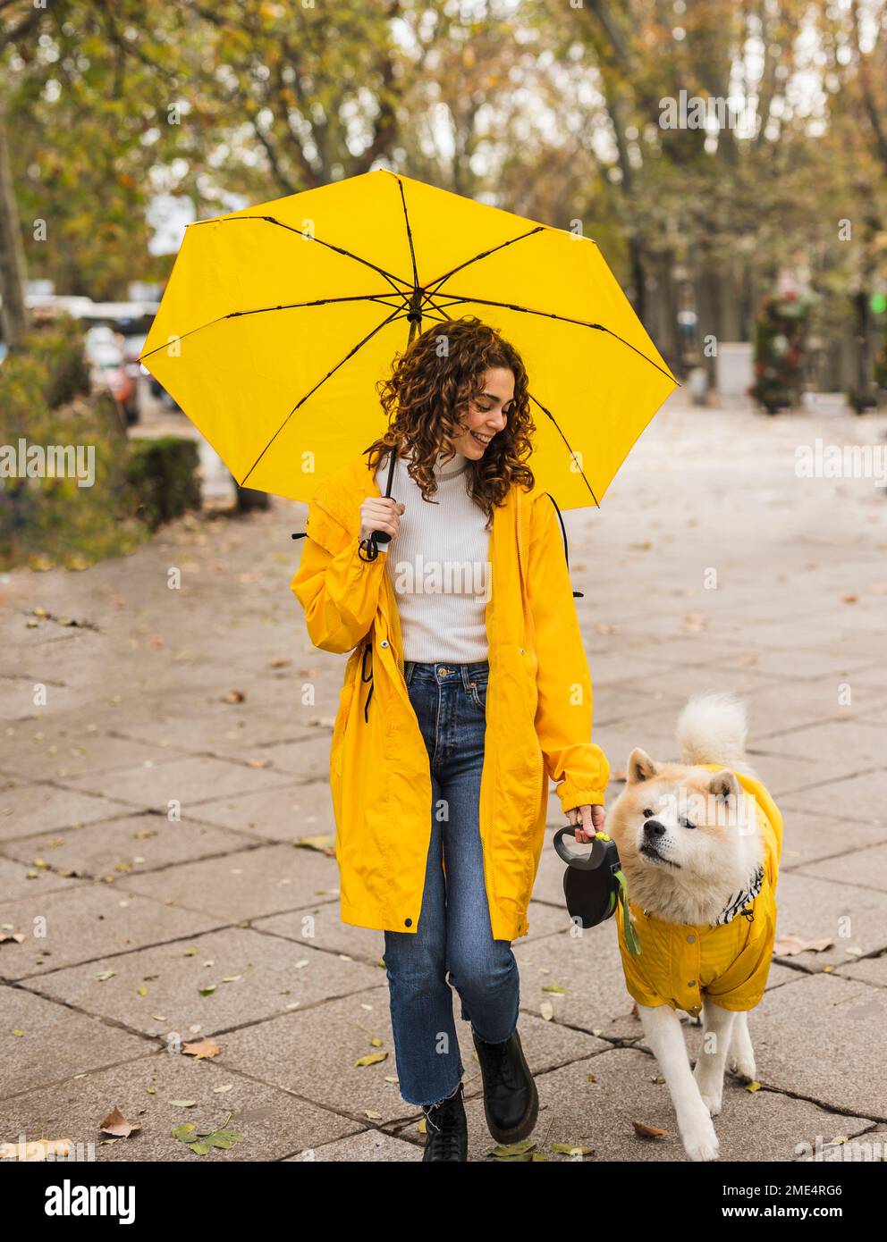 Happy beautiful woman holding umbrella and walking with dog at footpath Stock Photo