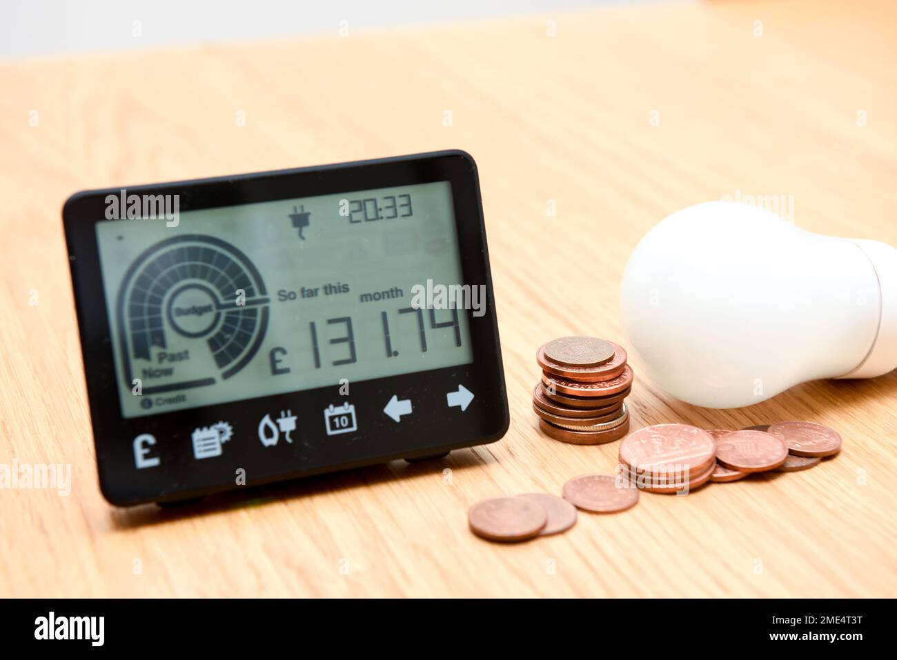 Smart meter and coins to represent cost of fuel and electricity for