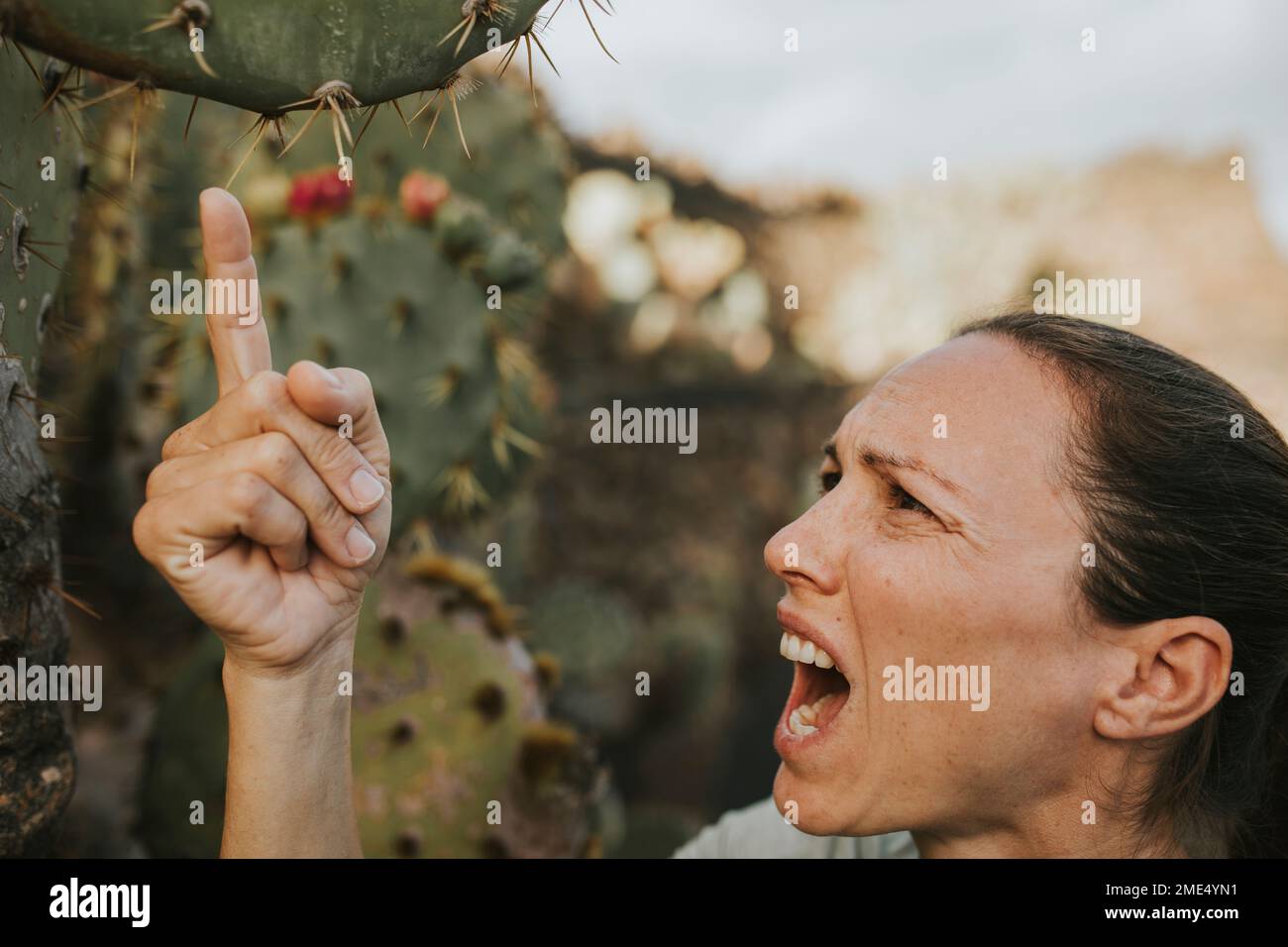 Woman screaming in pain and touching cactus plant Stock Photo Alamy