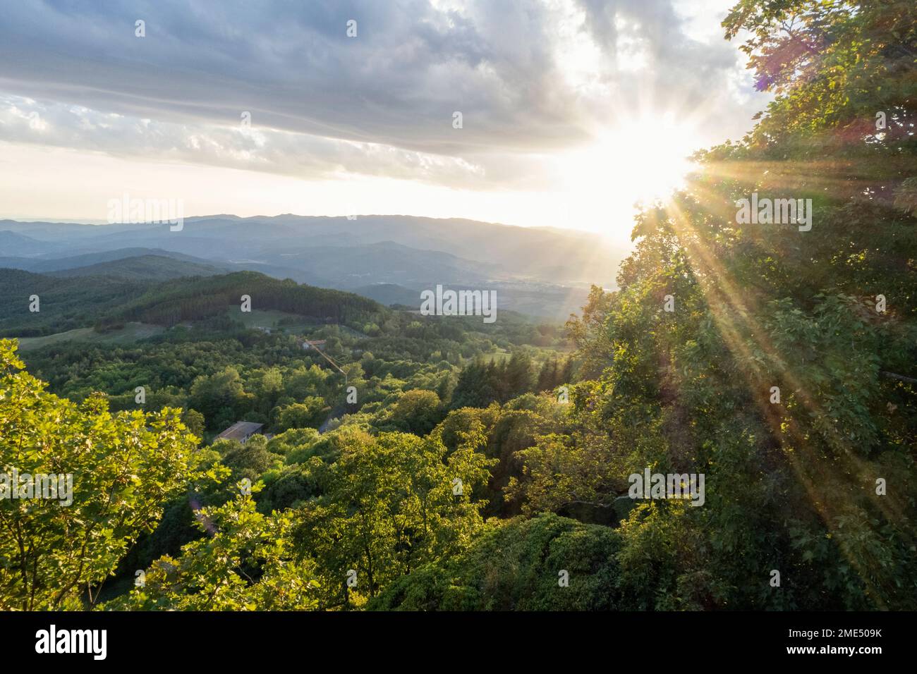 Lush green landscape of Casentino valley on sunny day Stock Photo