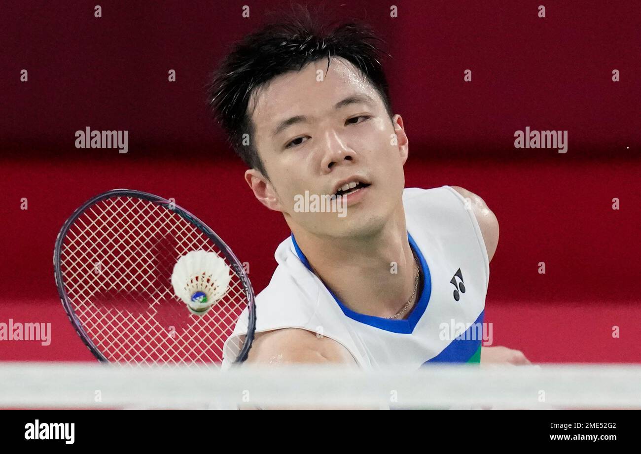 Tzu-Wei Wang of Taiwan competes against Irelands Nhat Nguyen during mens singles group play stage Badminton match at the 2020 Summer Olympics, Wednesday, July 28, 2021, in Tokyo, Japan