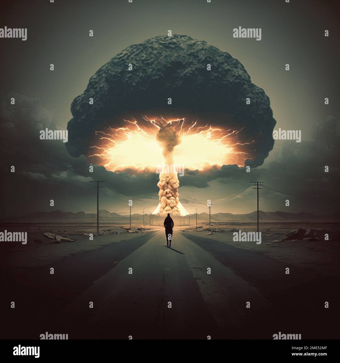 End of the world nuclear Explosion. Nuclear war concept. Explosion of nuclear bomb. Silhouette of a person against giant mushroom cloud of atomic Stock Photo