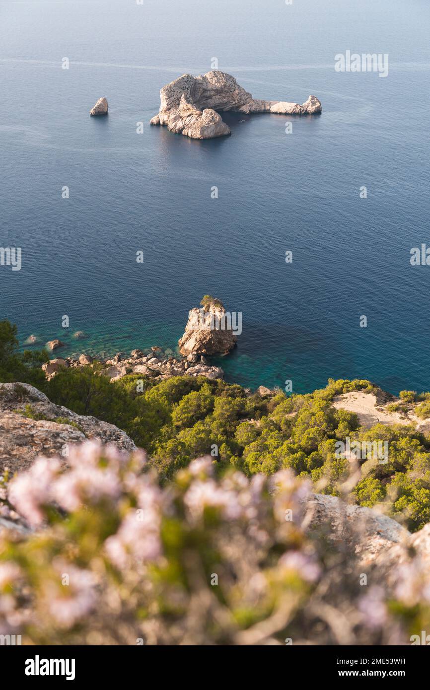Spain, Balearic Islands, Ses Margalides rock arch seen from coastal clifftop Stock Photo