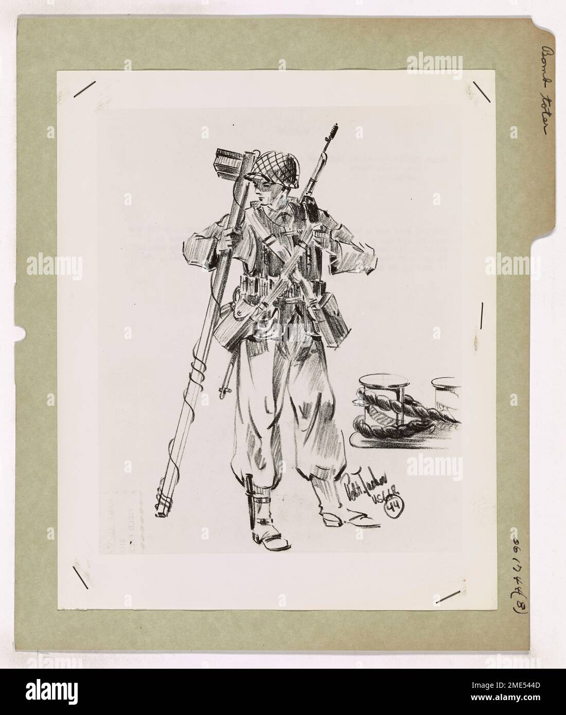 Bomb Toter. This image depicts a G.I. Joe soldier laden with TNT in the European theater of war, drawn by Coast Guard Combat Artist Robert James Tucker. Stock Photo