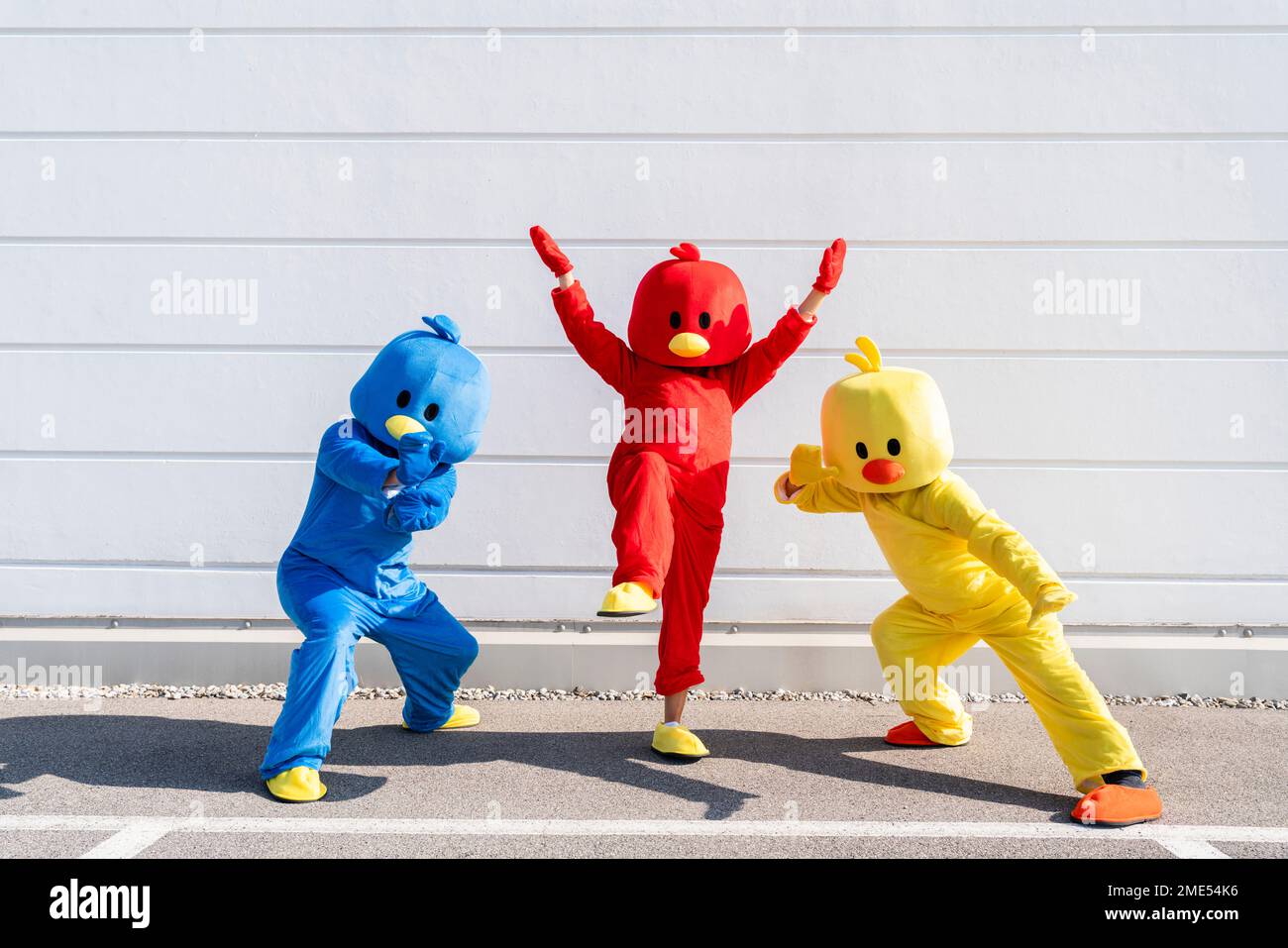 Friends wearing duck costumes posing in front of white wall Stock Photo
