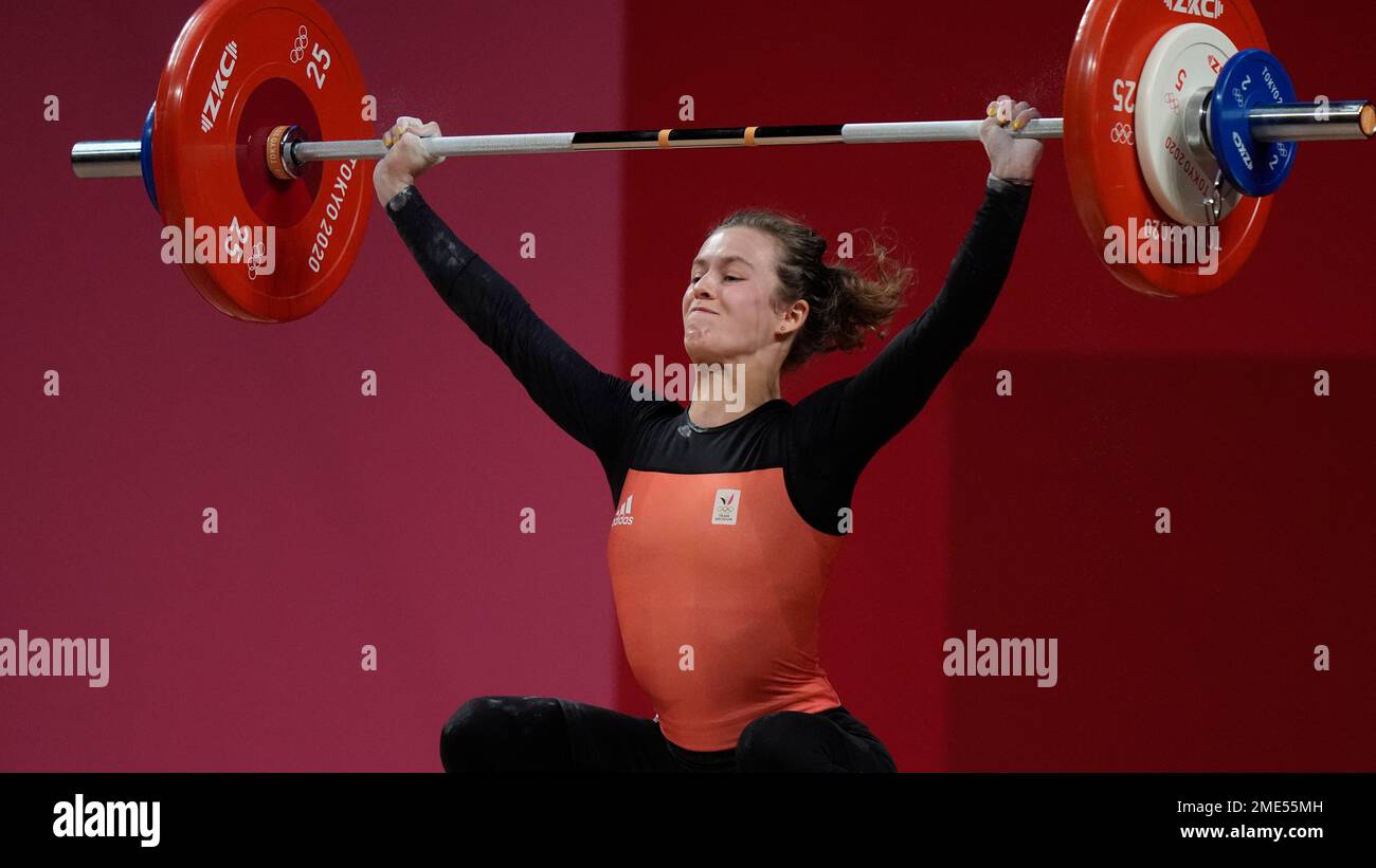Nina Sterckx of Belgium competes in the womens 49kg weightlifting event, at the 2020 Summer Olympics, Saturday, July 24, 2021, in Tokyo, Japan