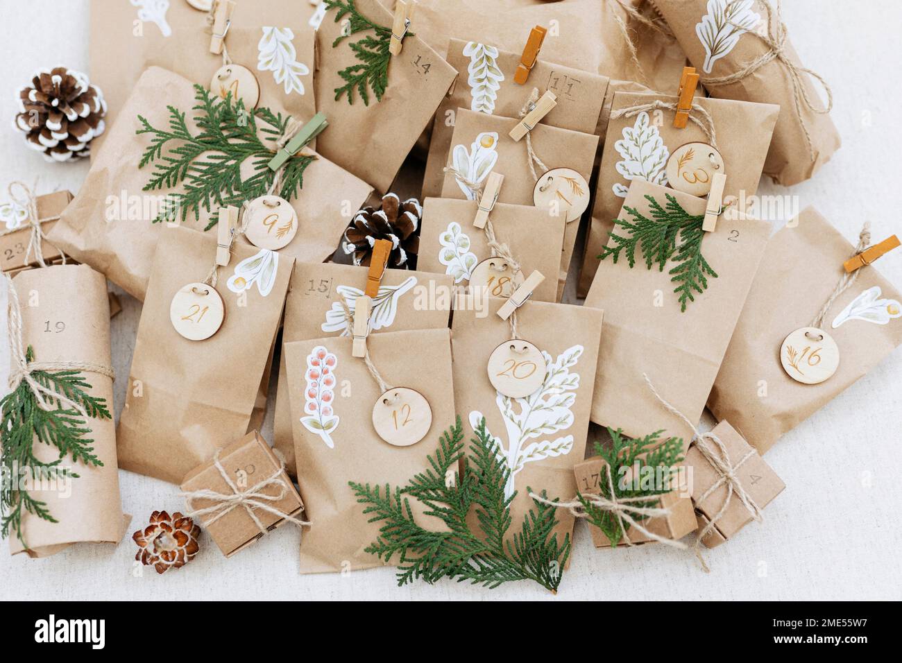 Brown paper bags with numbers kept on carpet Stock Photo Alamy