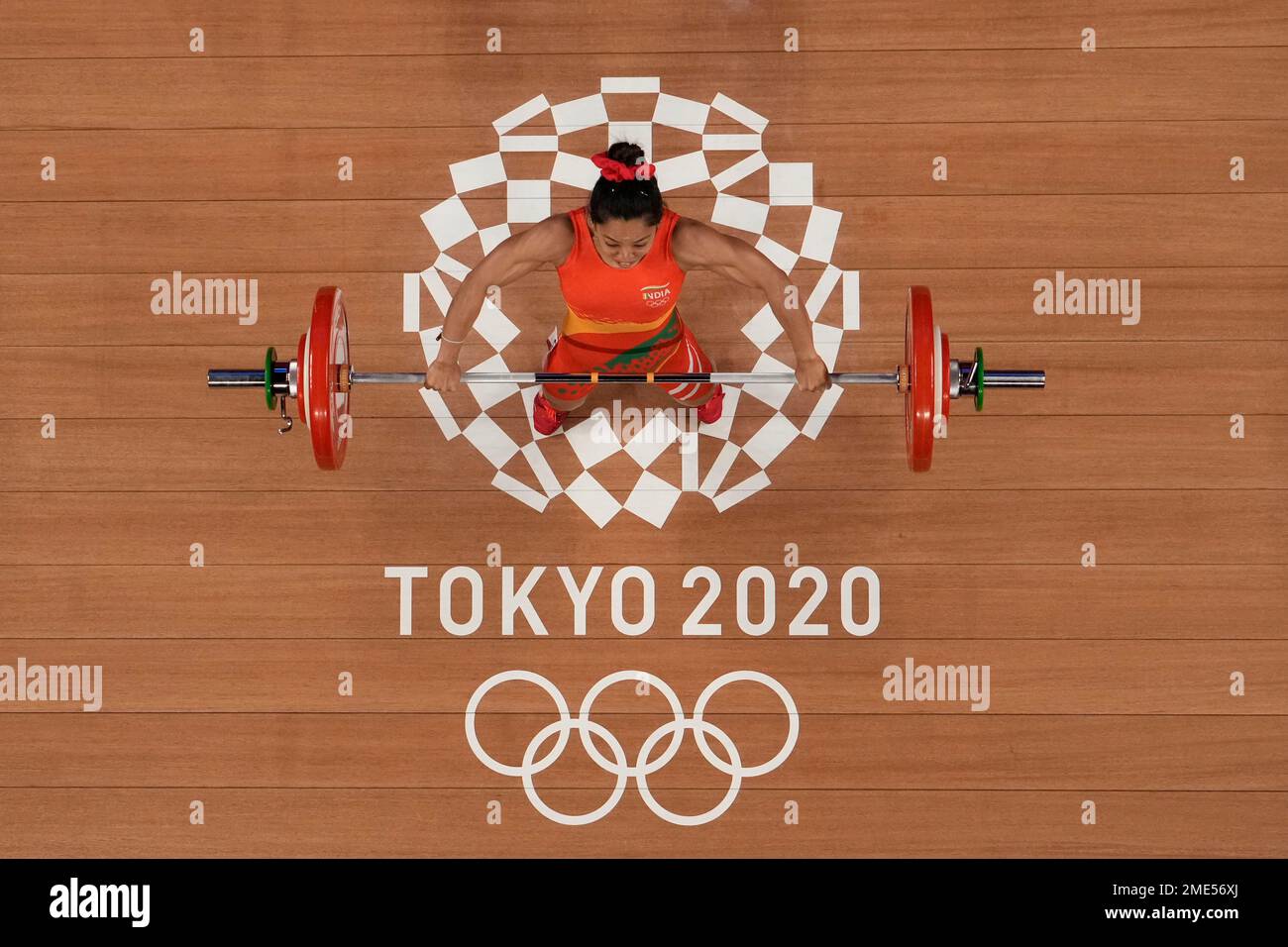 Mirabai Chanu Saikhom of India competes in the women's 49kg