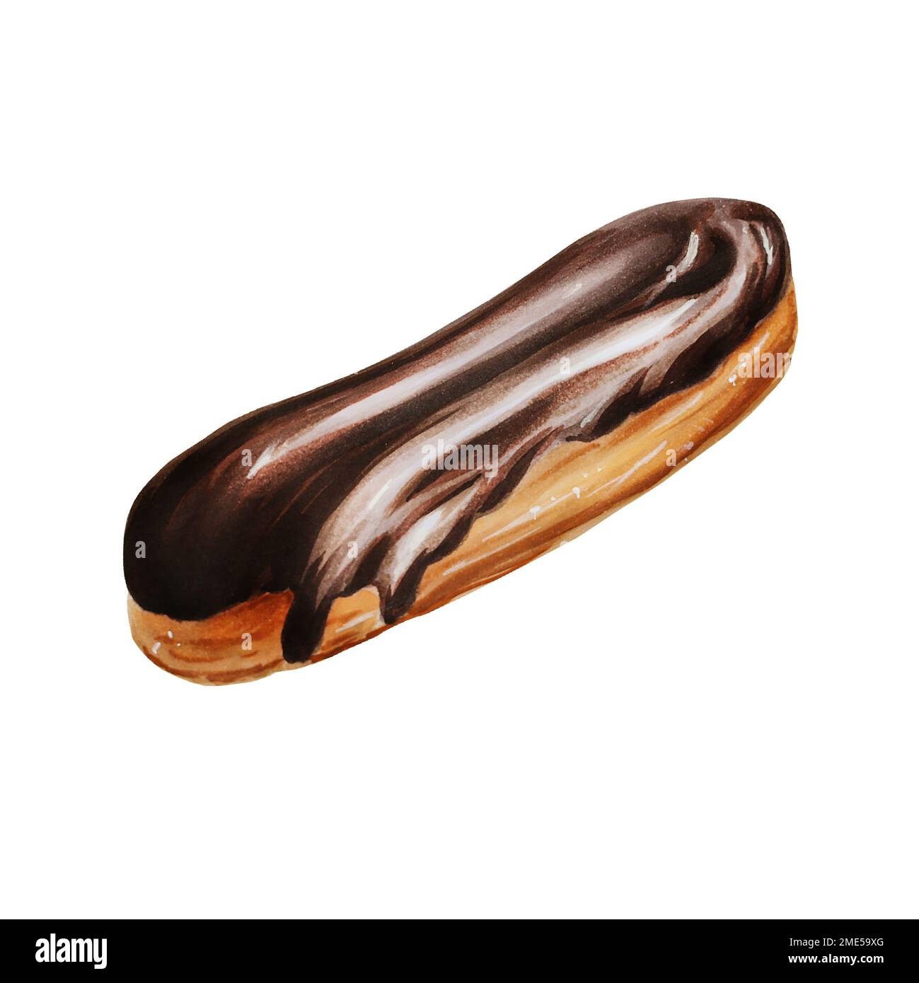 Watercolor chocolate eclair. Hand painting sweet on a white isolated background. For designers, menu, shop, bar, bistro, restaurant, for postcards Stock Photo