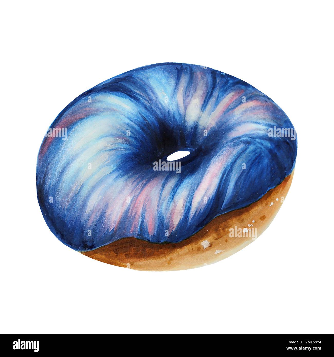 Watercolor donut in glaze. Hand painting sweet on a white isolated background. For designers, menu, shop, bar, bistro, restaurant, for postcards Stock Photo