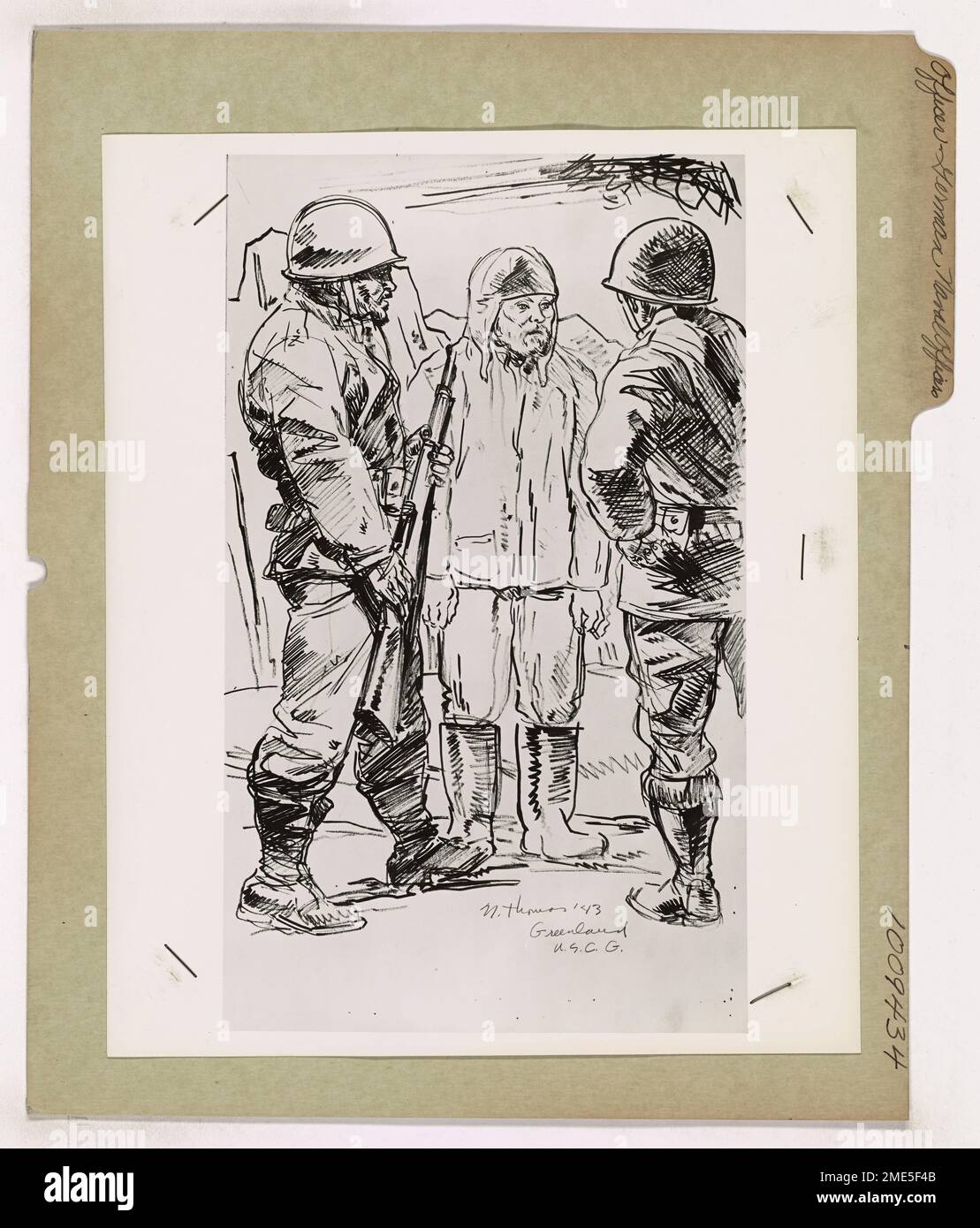 Commandos in Greenland Capture German Officer. This image depicts Army and Coast Guard Commandos as they capture a junior officer of the German Navy in Greenland, drawn by Coast Guard Combat Artist Norman Millet Thomas. Stock Photo
