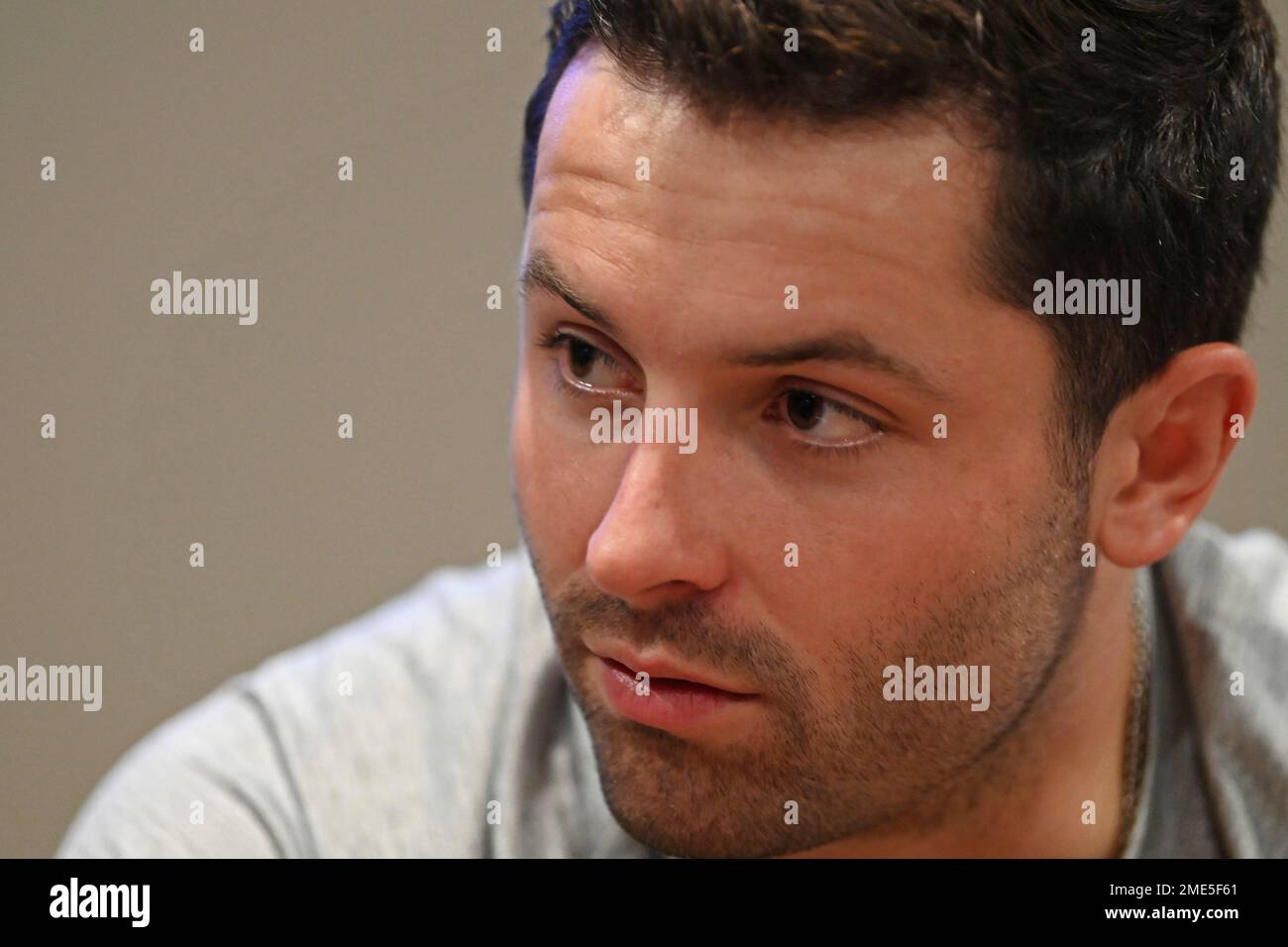 Cleveland Browns quarterback Baker Mayfield is interviewed during a