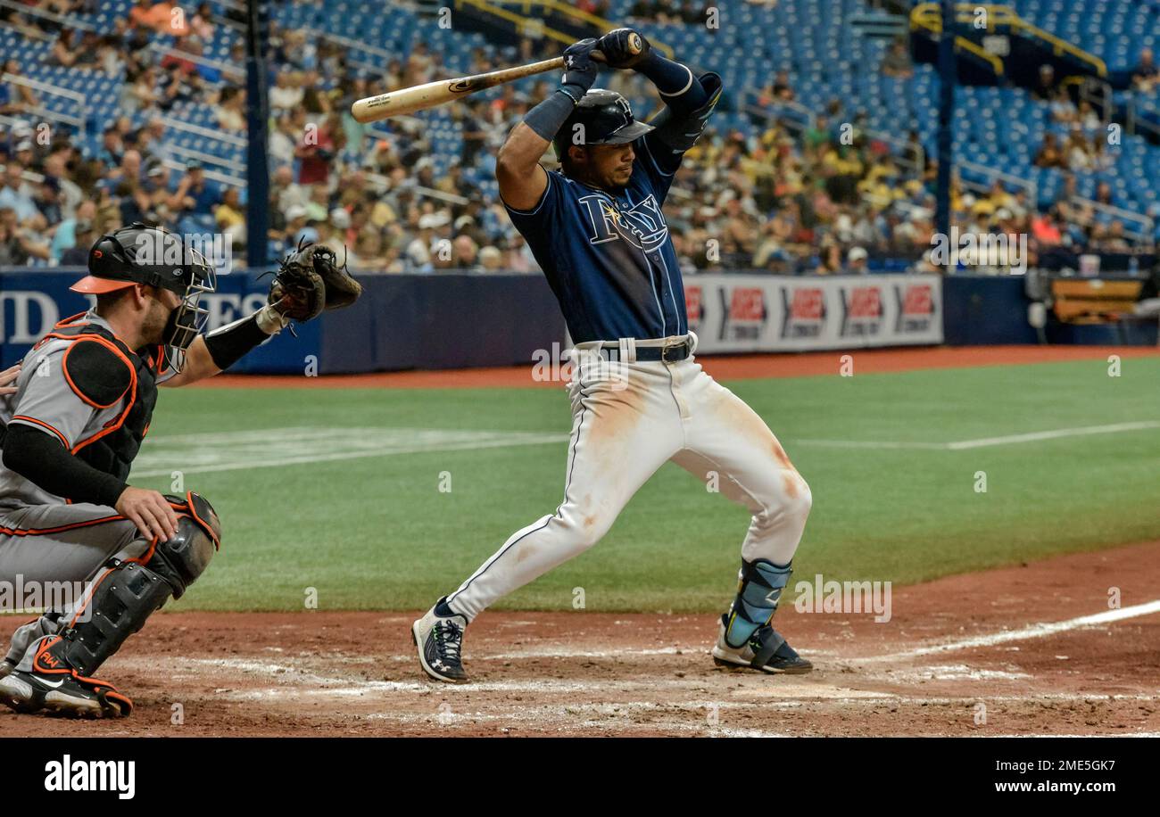 St. Petersburg, FL. USA; Tampa Bay Rays shortstop Wander Franco (5) showing  off his brightly colored retro Devil Rays socks and how they match his Un  Stock Photo - Alamy