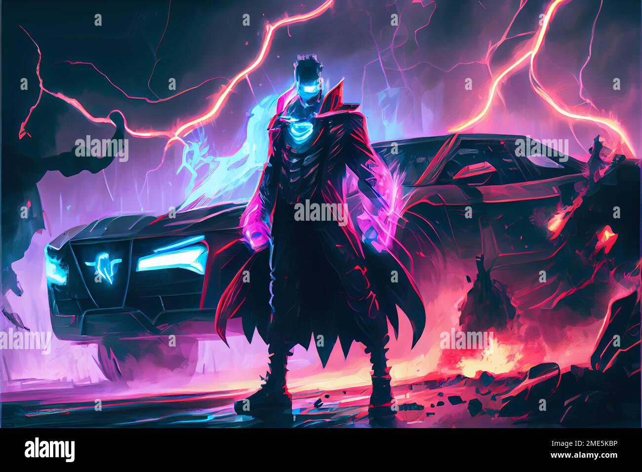 Fantastic electric Superhero. Electric man superhero uses evil forces to destroy cars Stock