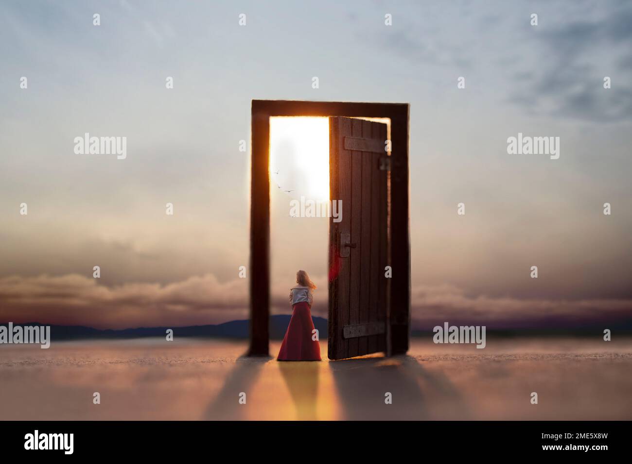 woman looking at the wonderful landscape on the doorstep of a surreal door Stock Photo