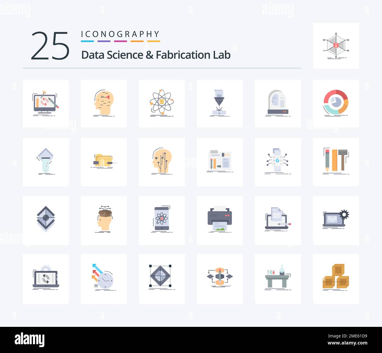 Data Science And Fabrication Lab 25 Flat Color icon pack including