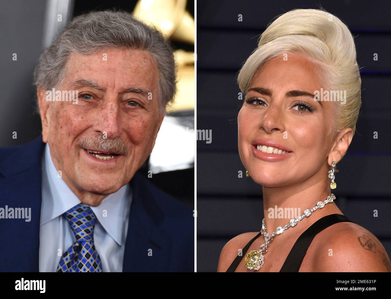 In this combination photo, Tony Bennett, left, arrives at the 61st annual  Grammy Awards on Feb. 10, 2019, in Los Angeles and Lady Gaga arrives at the  Vanity Fair Oscar Party on