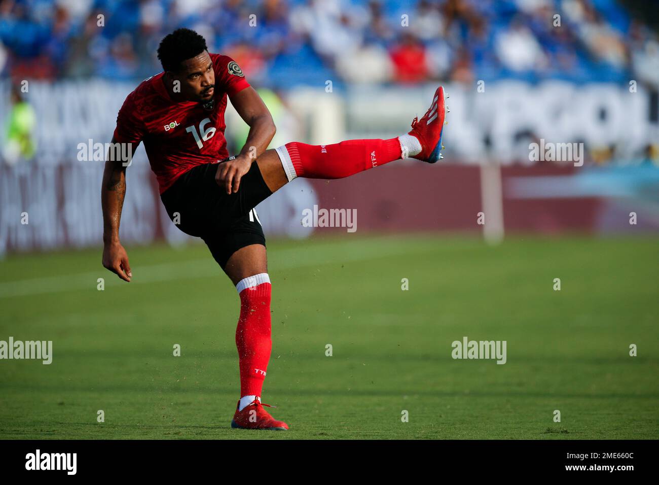 Trinidad defender Alvin Jones (16) passes the ball during a 2021