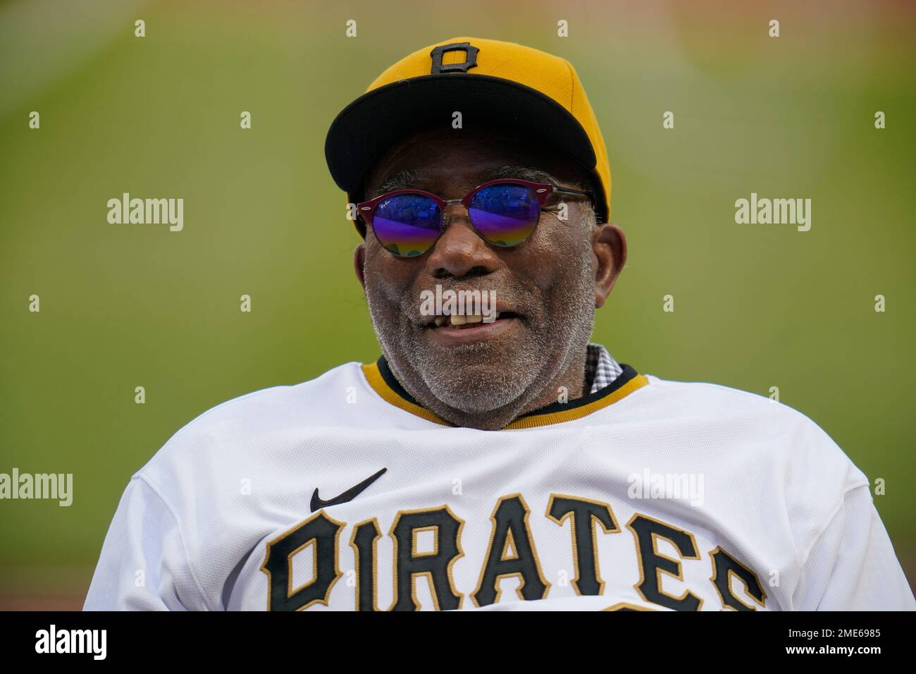 Catcher Manny Sanguillen a member of the 1971 World Champion Pittsburgh  Pirates, takes part in a celebration of the 50th anniversary of the  championship season before of a baseball game between the