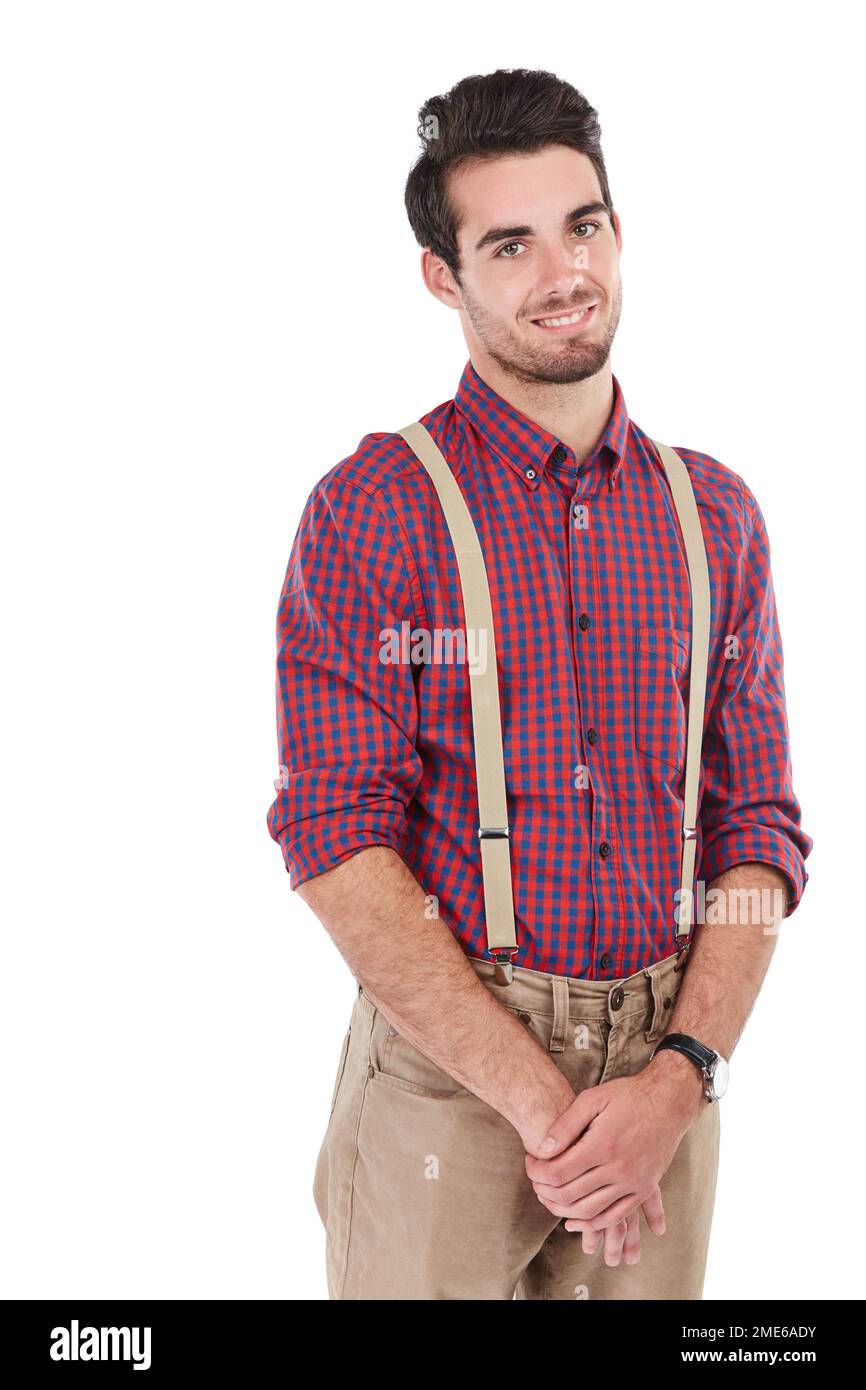 Nerd, geek and portrait of a hipster in studio with white background isolated with a beard. Smiling, smart and nerdy style clothes of male standing Stock Photo
