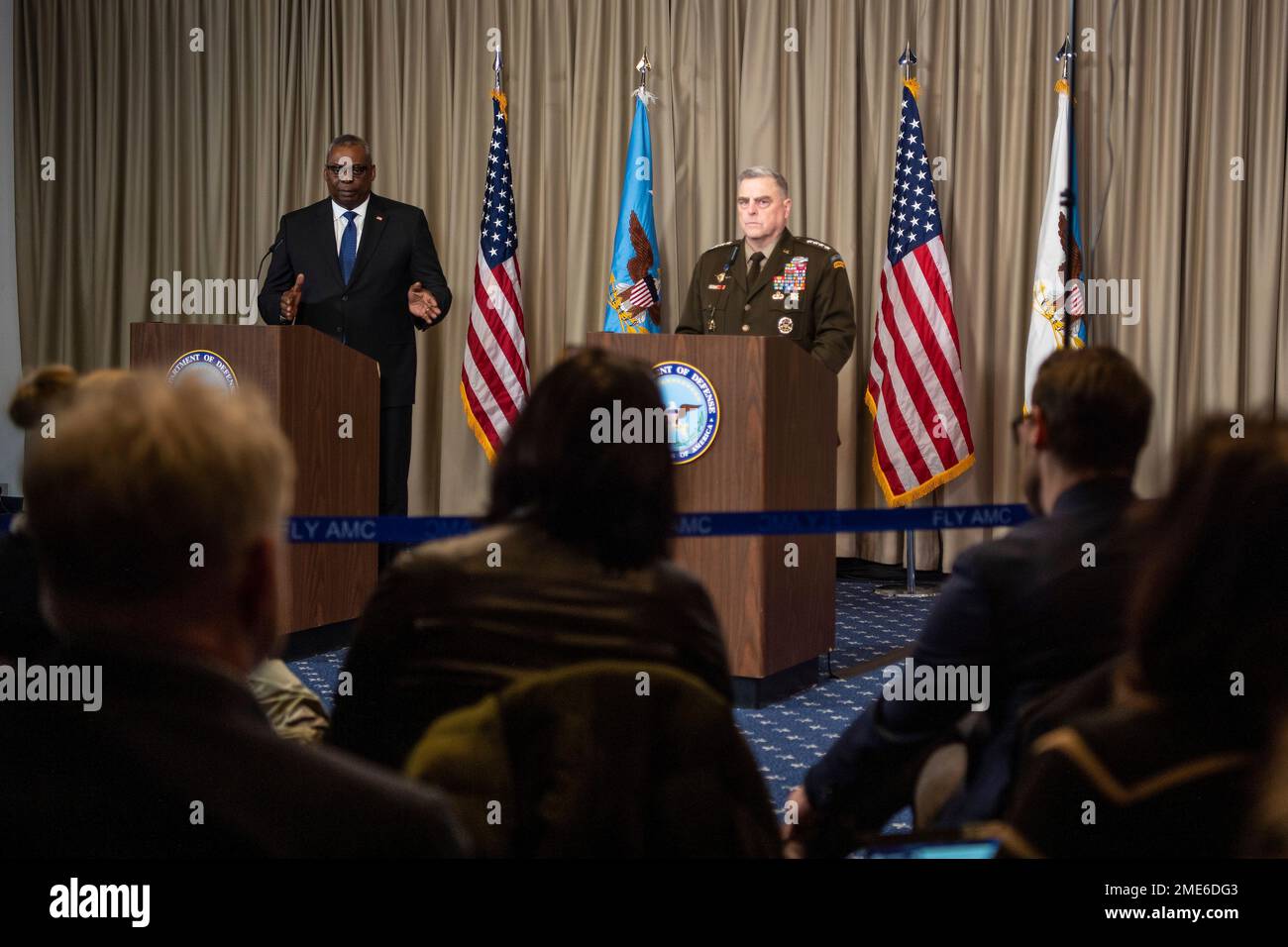 Ramstein-Miesenbach, Germany. 20 January, 2023. U.S. Secretary of Defense Lloyd Austin, left, responds to a question during a press briefing as Chairman of the Joint Chiefs Gen. Mark Milley, right, looks on following the eighth Ukraine Defense Contact Group meeting at Ramstein Air Base, January 20, 2023 in Ramstein-Miesenbach, Rhineland-Palatinate, Germany. The meeting or 50 nations and organizations decides the best path of providing military support to Ukraine.  Credit: TSgt. Jack Sanders/DOD Photo/Alamy Live News Stock Photo