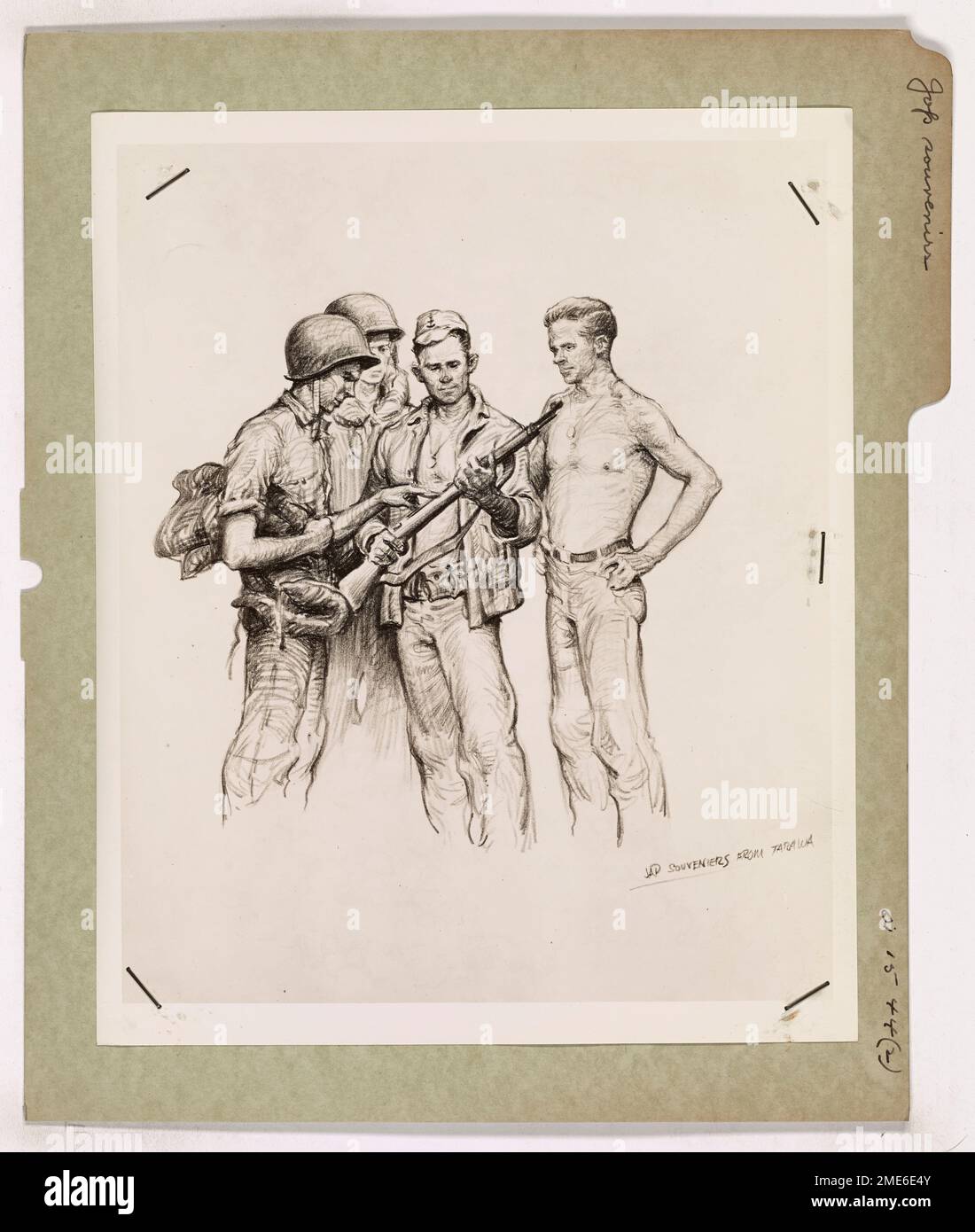 Photograph of Sketch by Ken Riley. 'Jap Souvenirs'. U.S. Coast Guardsmen examining souvenirs they picked up at Tarawa are sketched by Coast Guard Combat Artist Ken Riley. The 24-year-old artist is attached to a Coast Guard-manned combat transport that took part in the invasion of Tarawa. His home is in PARSONS, KANSAS. Stock Photo