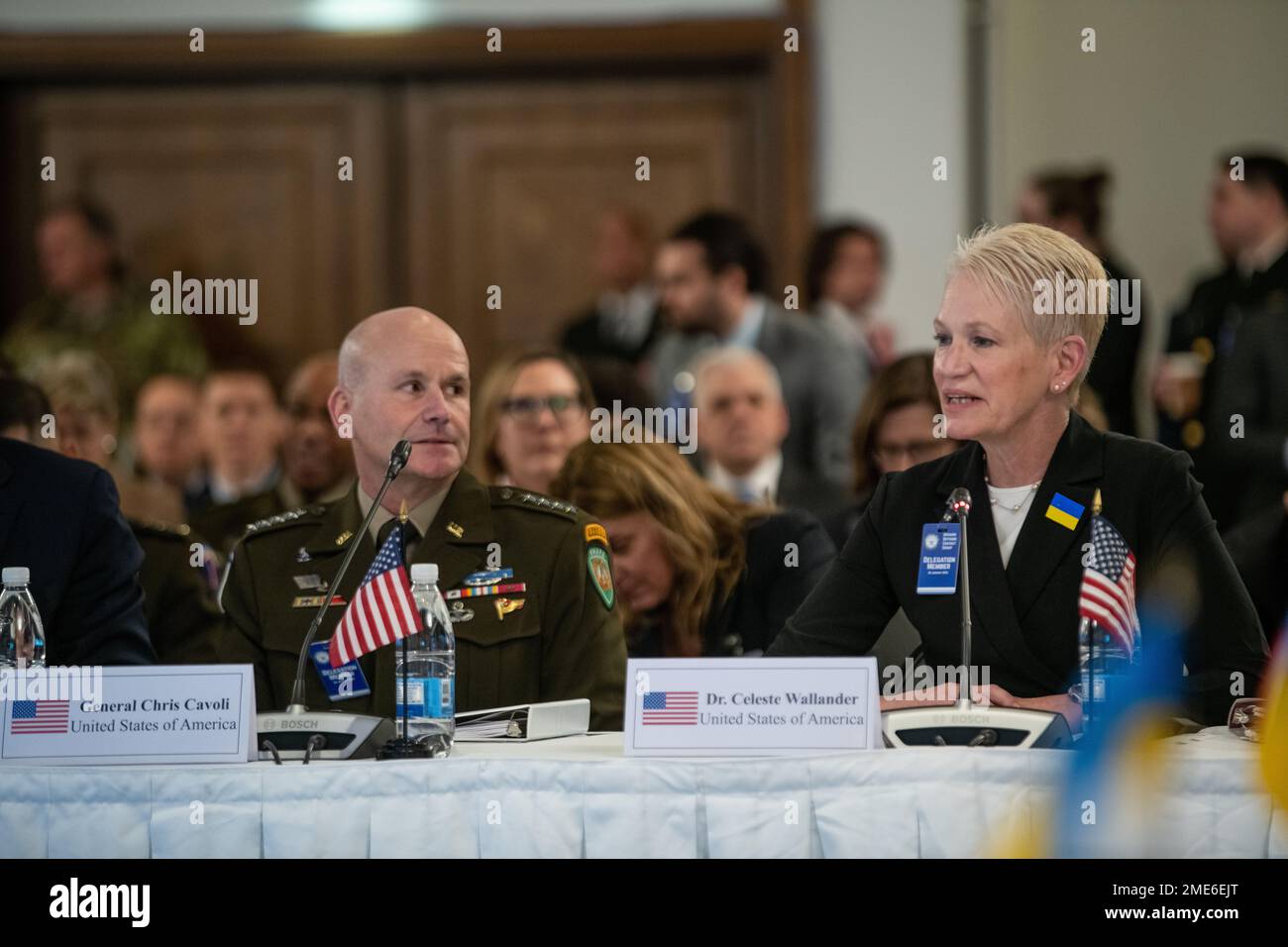 Ramstein-Miesenbach, Germany. 20 January, 2023. U.S. Assistant Secretary of Defense for International Security Affairs Celeste Wallander, right, delivers remarks as U.S. European Command Gen. Christopher Cavoli looks on during the eighth Ukraine Defense Contact Group meeting at Ramstein Air Base, January 20, 2023 in Ramstein-Miesenbach, Rhineland-Palatinate, Germany. The meeting or 50 nations and organizations decides the best path of providing military support to Ukraine.  Credit: TSgt. Jack Sanders/DOD Photo/Alamy Live News Stock Photo