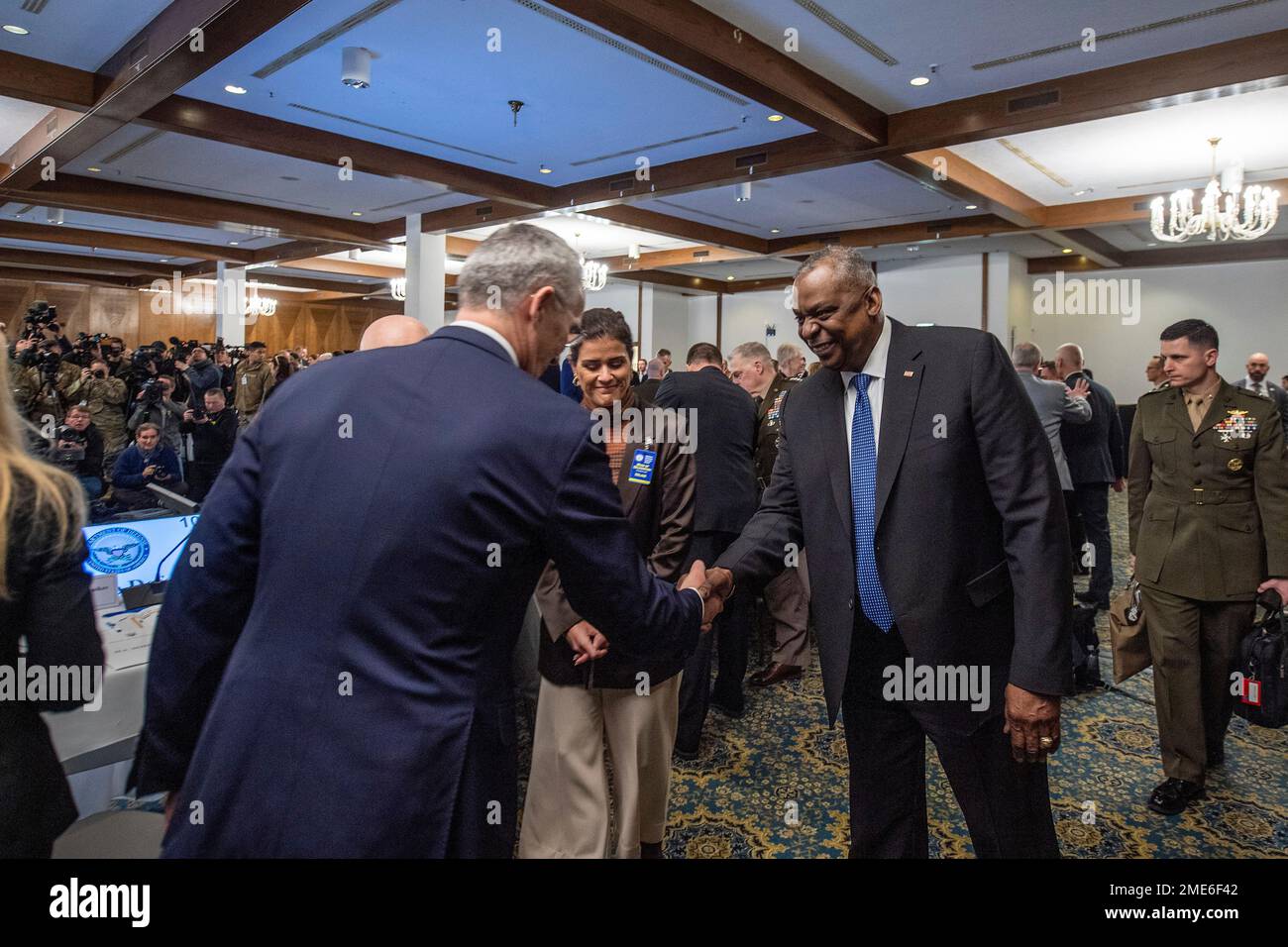 Ramstein-Miesenbach, Germany. 20 January, 2023. U.S. Secretary of Defense Lloyd Austin, right, greets NATO Secretary General Jens Stoltenberg, left, before the start of the eighth Ukraine Defense Contact Group meeting at Ramstein Air Base, January 20, 2023 in Ramstein-Miesenbach, Rhineland-Palatinate, Germany. The meeting or 50 nations and organizations decides the best path of providing military support to Ukraine.  Credit: TSgt. Jack Sanders/DOD Photo/Alamy Live News Stock Photo