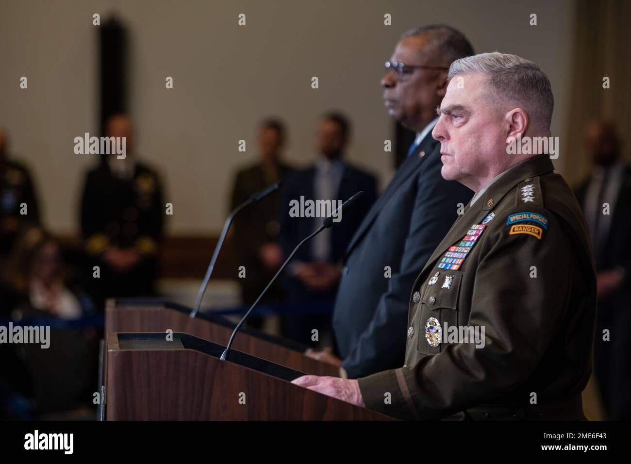 Ramstein-Miesenbach, Germany. 20 January, 2023. U.S. Secretary of Defense Lloyd Austin, and Chairman of the Joint Chiefs Gen. Mark Milley, right, listen to a question following the eighth Ukraine Defense Contact Group meeting at Ramstein Air Base, January 20, 2023 in Ramstein-Miesenbach, Rhineland-Palatinate, Germany. The meeting or 50 nations and organizations decides the best path of providing military support to Ukraine.  Credit: TSgt. Jack Sanders/DOD Photo/Alamy Live News Stock Photo