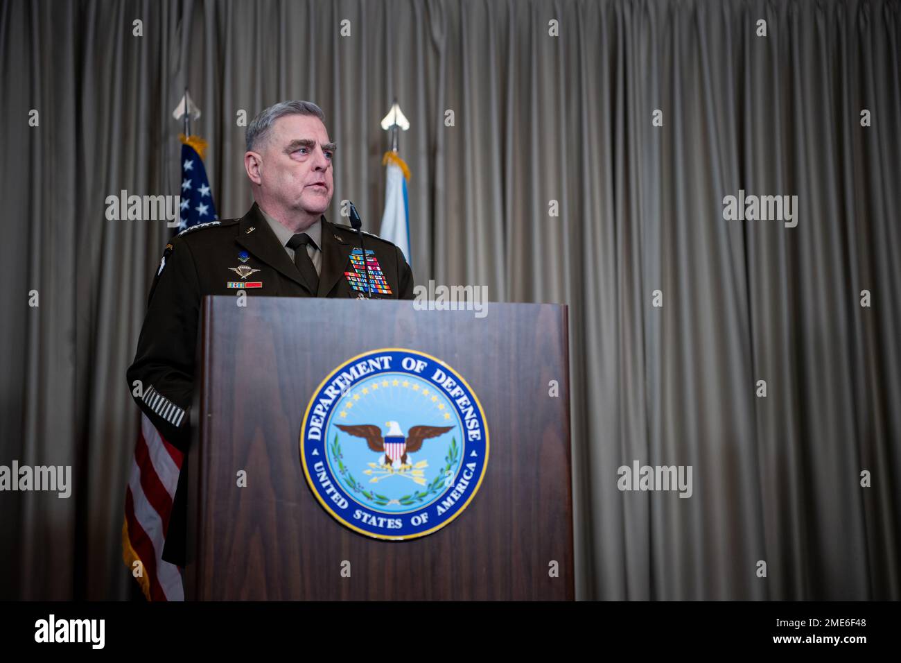 Ramstein-Miesenbach, Germany. 20 January, 2023. U.S. Chairman of the Joint Chiefs Gen. Mark Milley, responds to a question following the eighth Ukraine Defense Contact Group meeting at Ramstein Air Base, January 20, 2023 in Ramstein-Miesenbach, Rhineland-Palatinate, Germany. The meeting or 50 nations and organizations decides the best path of providing military support to Ukraine.  Credit: TSgt. Jack Sanders/DOD Photo/Alamy Live News Stock Photo