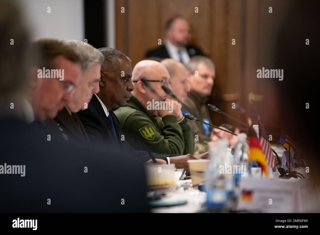 Ramstein-Miesenbach, Germany. 20 January, 2023. U.S. Secretary of Defense Lloyd Austin, center, listens to speakers at the eighth Ukraine Defense Contact Group meeting at Ramstein Air Base, January 20, 2023 in Ramstein-Miesenbach, Rhineland-Palatinate, Germany. The meeting or 50 nations and organizations decides the best path of providing military support to Ukraine.  Credit: TSgt. Jack Sanders/DOD Photo/Alamy Live News Stock Photo